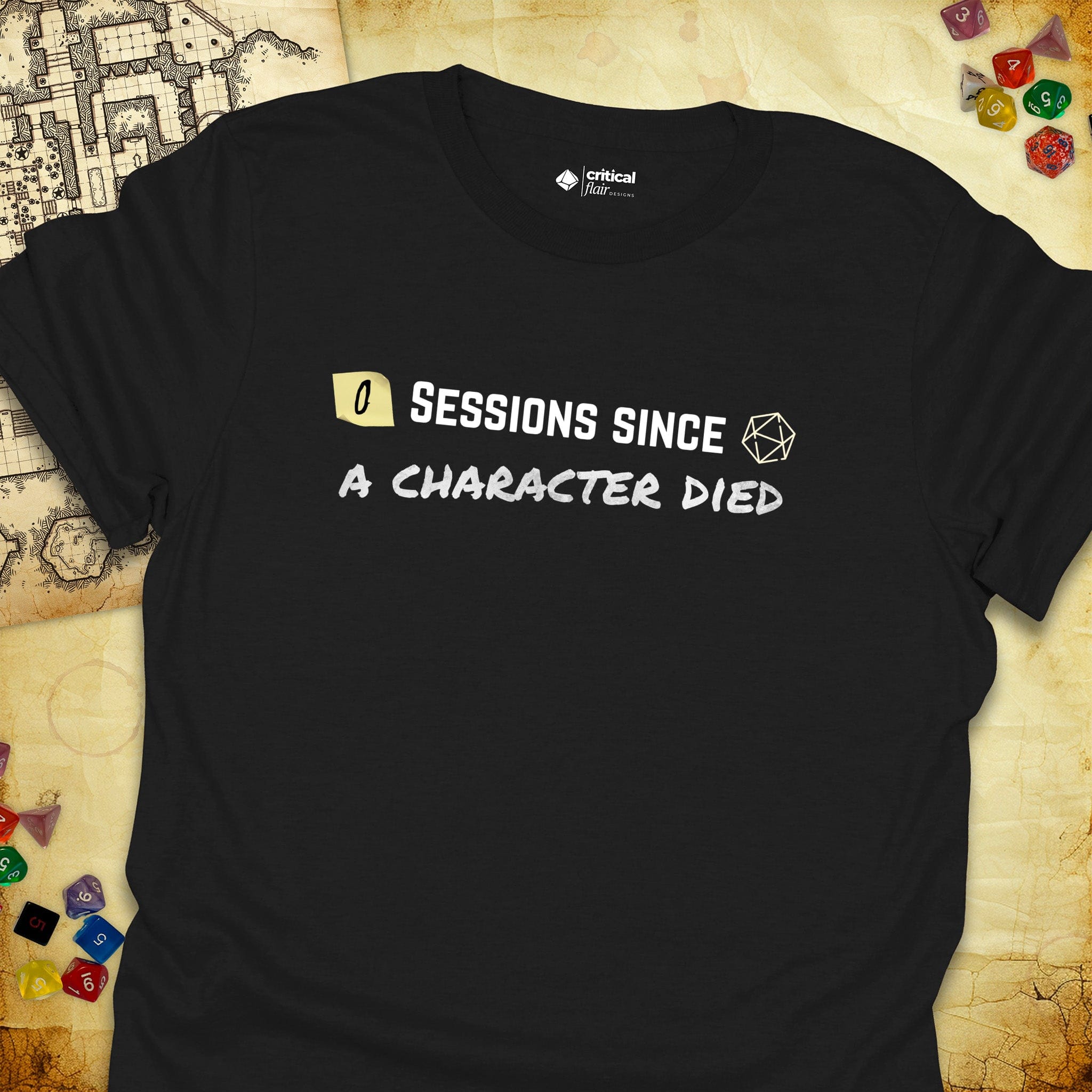 Critical Flair ...A Character Died T-Shirt Black / S - Dungeons and Dragons and tabletop RPG gaming apparel