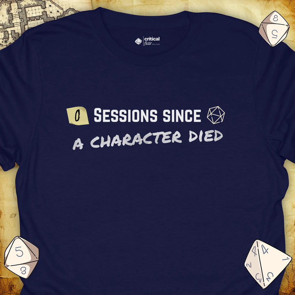 Critical Flair ...A Character Died T-Shirt Navy / S - Dungeons and Dragons and tabletop RPG gaming apparel
