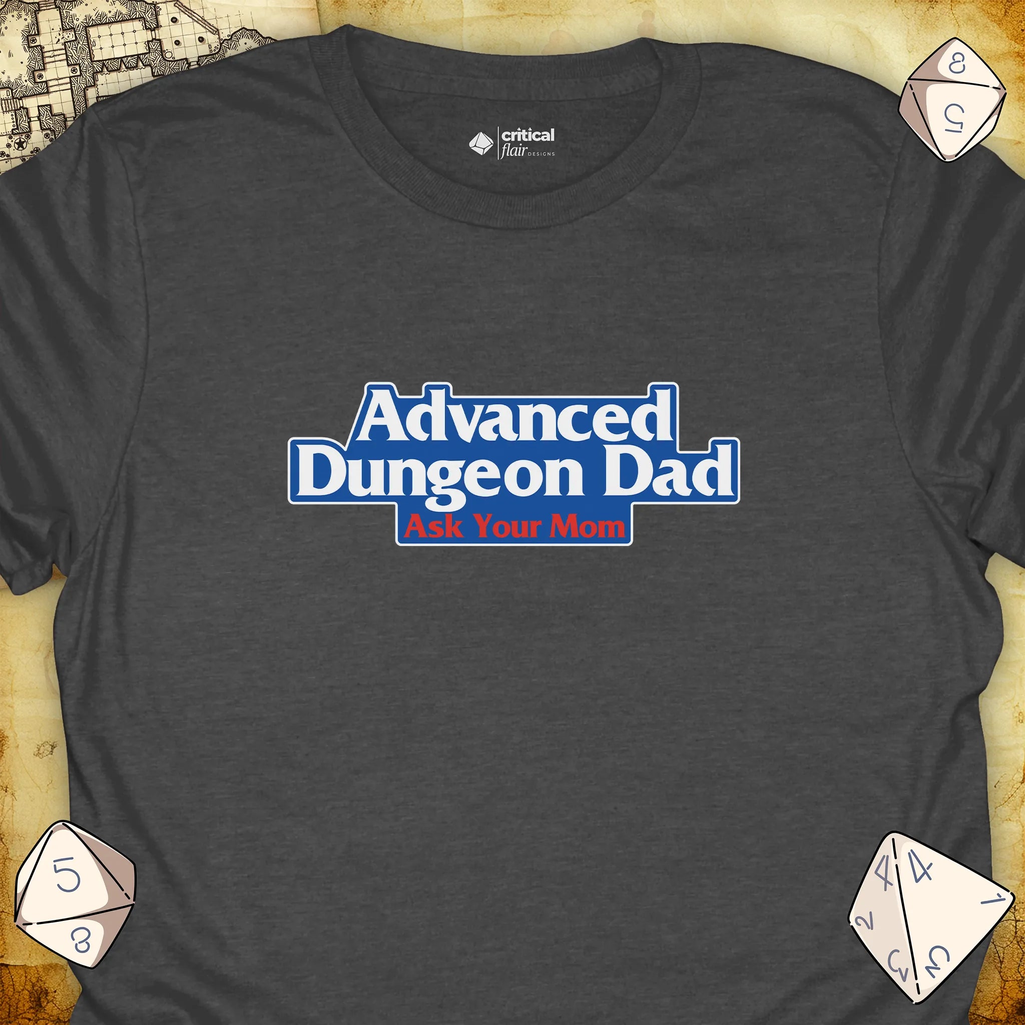 Critical Flair Advanced Dungeon Dad T-Shirt Dark Heather / S - Dungeons and Dragons and tabletop RPG gaming apparel