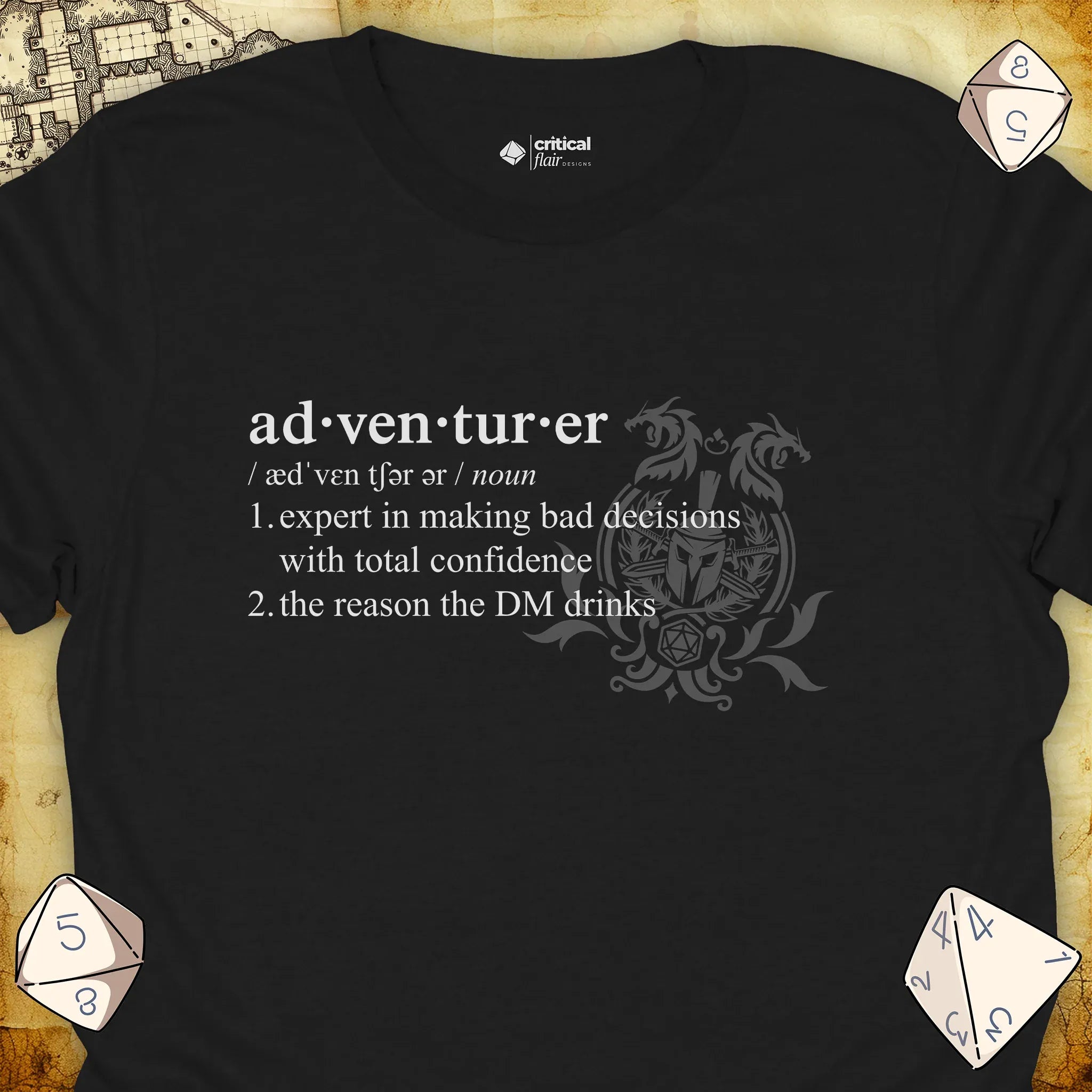 Critical Flair Adventurer Definition T-Shirt Black / S - Dungeons and Dragons and tabletop RPG gaming apparel