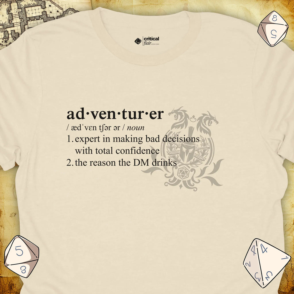 Critical Flair Adventurer Definition T-Shirt Natural / S - Dungeons and Dragons and tabletop RPG gaming apparel