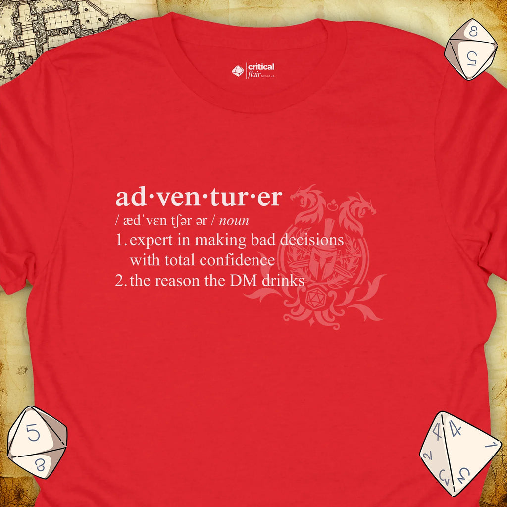 Critical Flair Adventurer Definition T-Shirt Red / S - Dungeons and Dragons and tabletop RPG gaming apparel