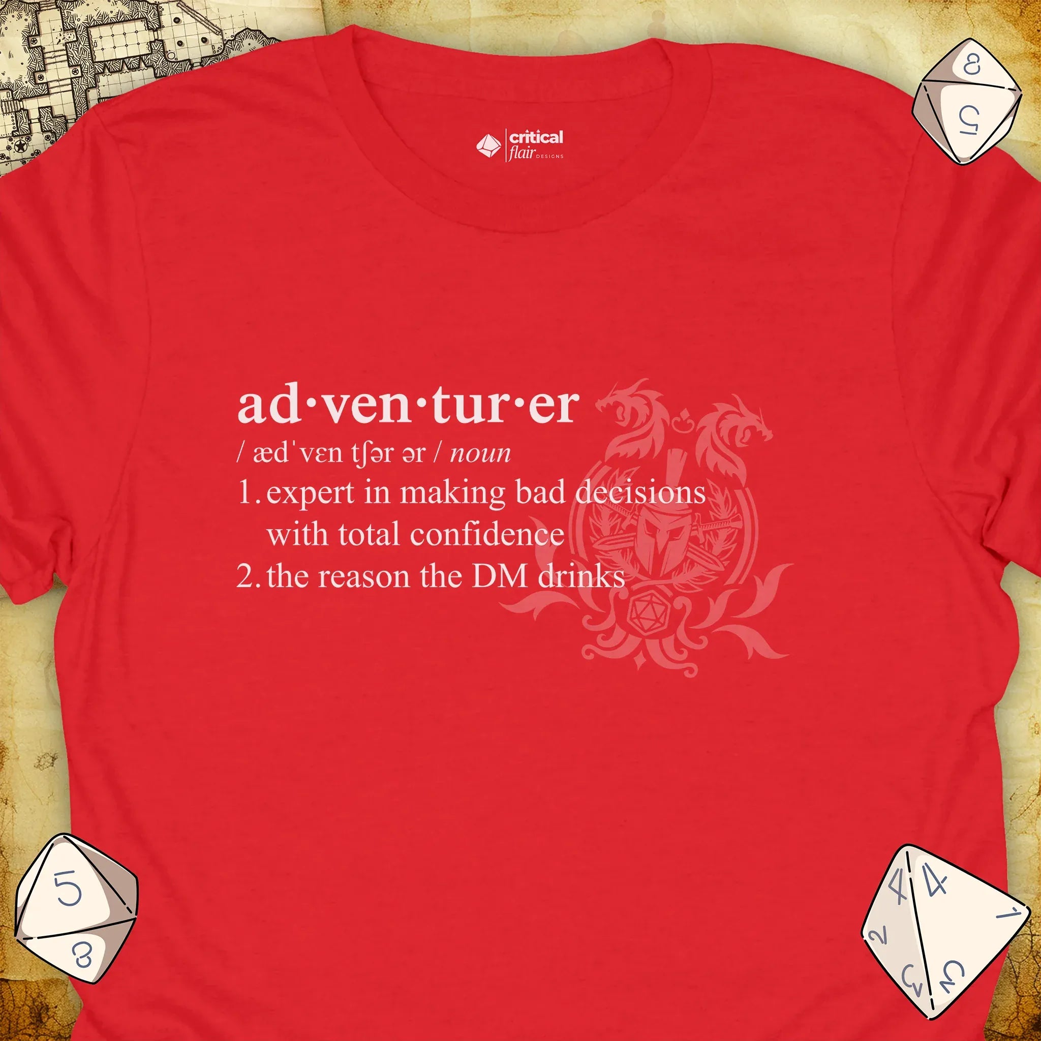 Critical Flair Adventurer Definition T-Shirt Red / S - Dungeons and Dragons and tabletop RPG gaming apparel