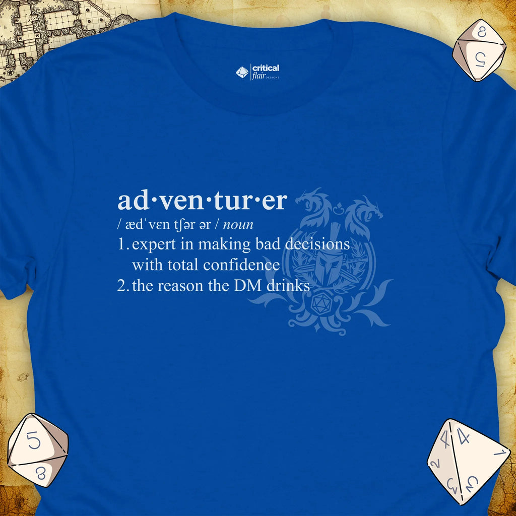 Critical Flair Adventurer Definition T-Shirt Royal / S - Dungeons and Dragons and tabletop RPG gaming apparel