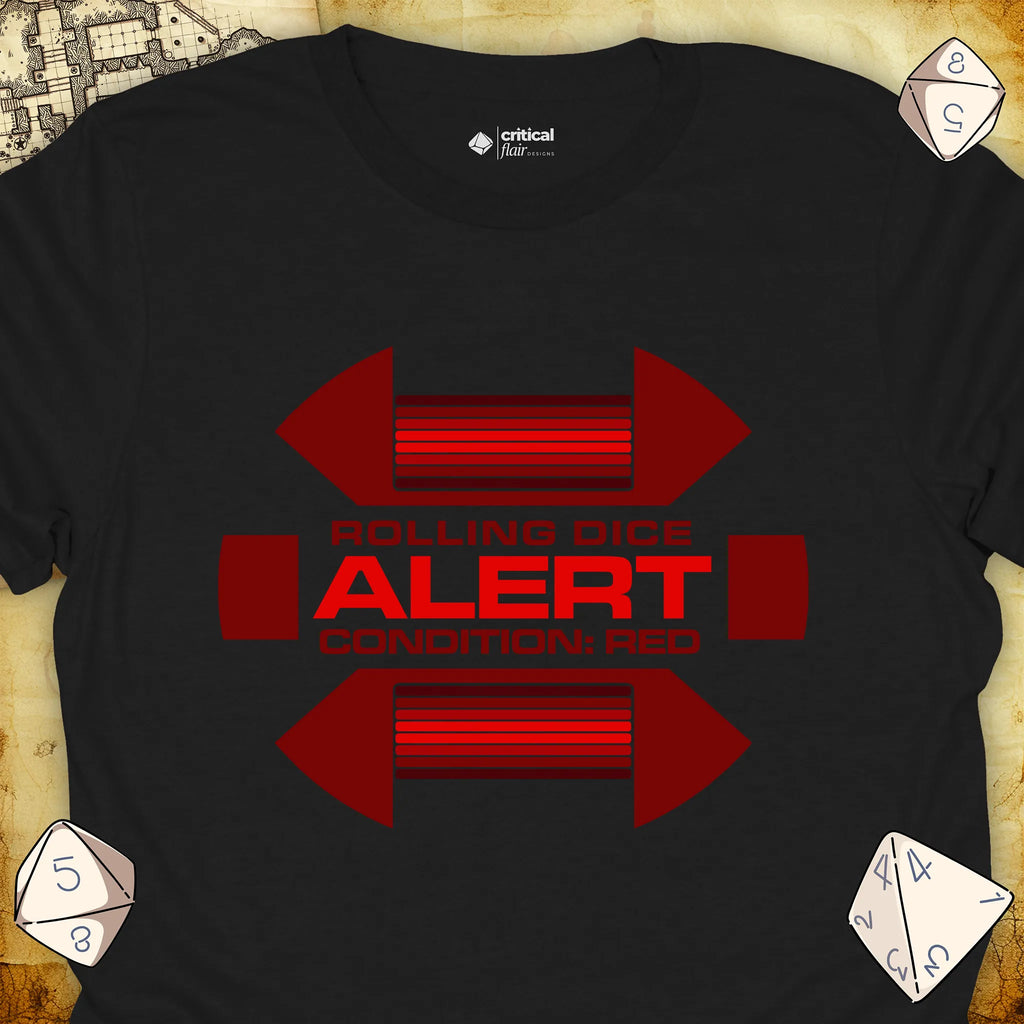 Critical Flair Alert Rolling Dice T-Shirt Black / S - Dungeons and Dragons and tabletop RPG gaming apparel