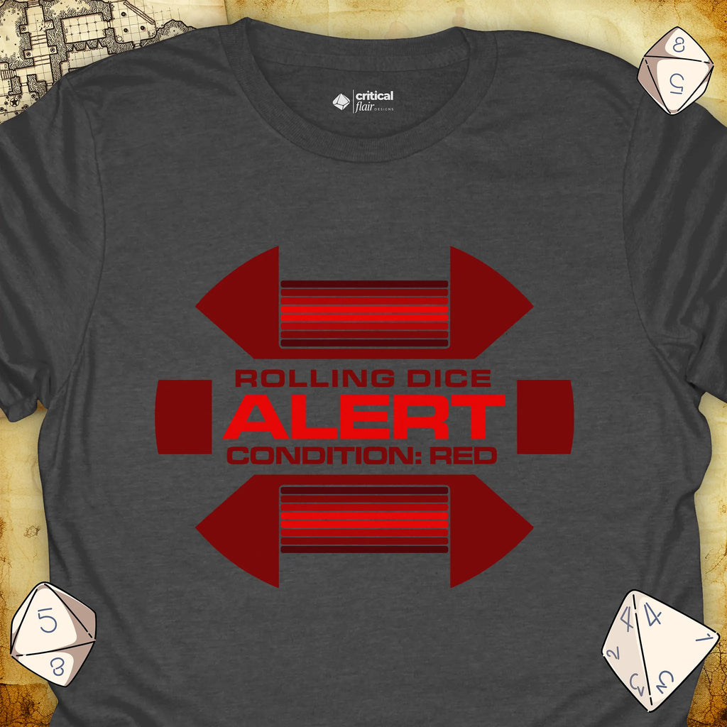 Critical Flair Alert Rolling Dice T-Shirt Dark Heather / S - Dungeons and Dragons and tabletop RPG gaming apparel