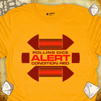 Critical Flair Alert Rolling Dice T-Shirt Gold / S - Dungeons and Dragons and tabletop RPG gaming apparel