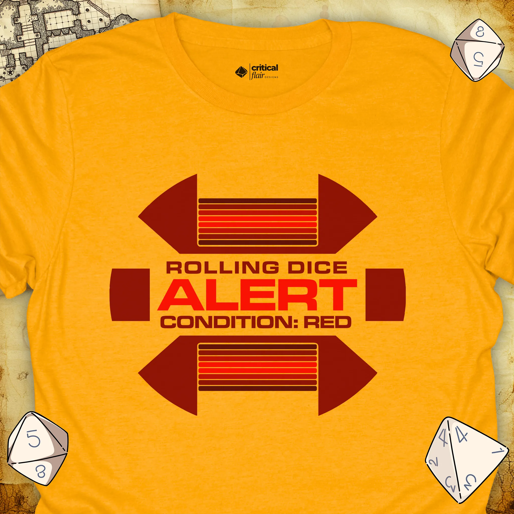 Critical Flair Alert Rolling Dice T-Shirt Gold / S - Dungeons and Dragons and tabletop RPG gaming apparel