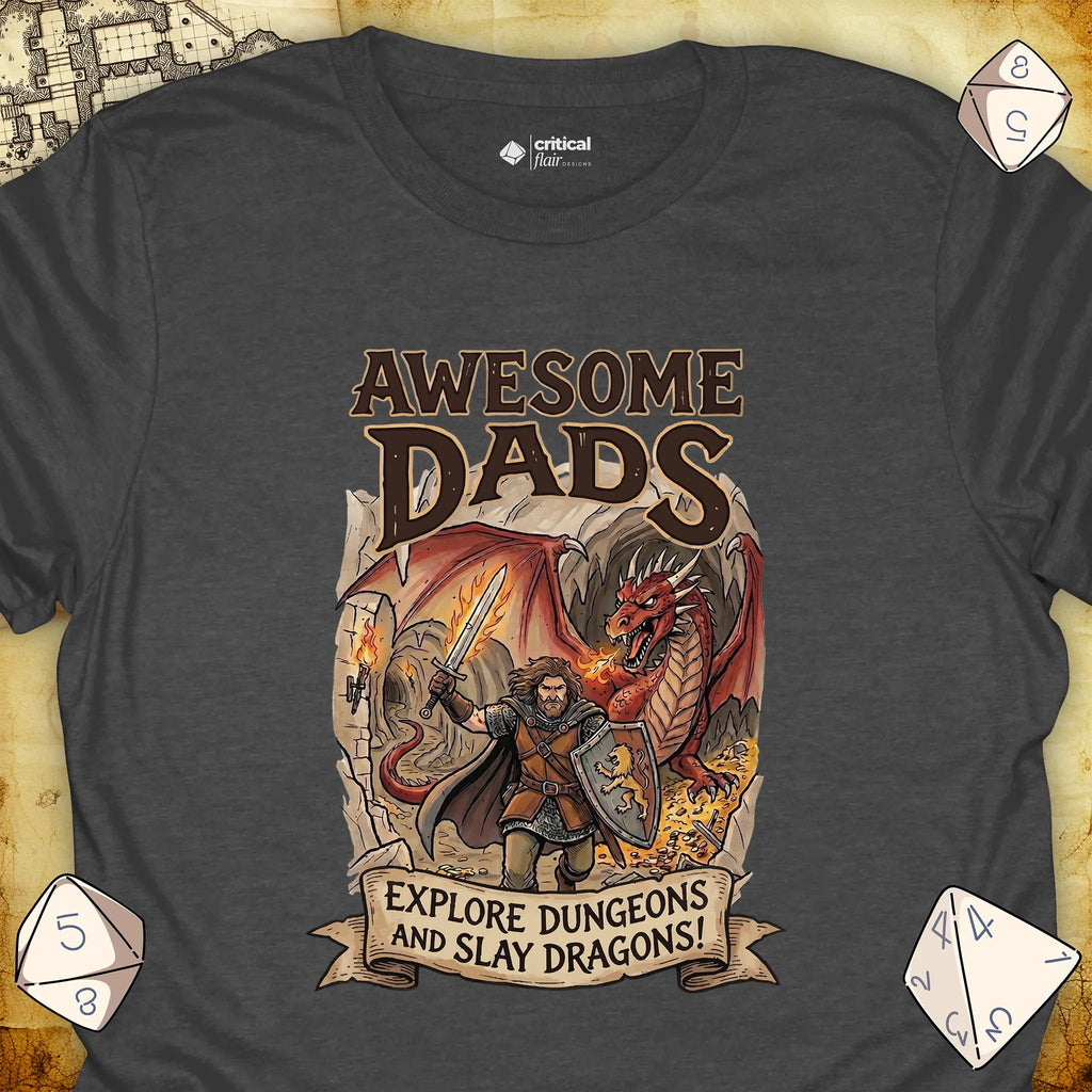 Critical Flair Awesome Dads T-Shirt Dark Heather / S - Dungeons and Dragons and tabletop RPG gaming apparel