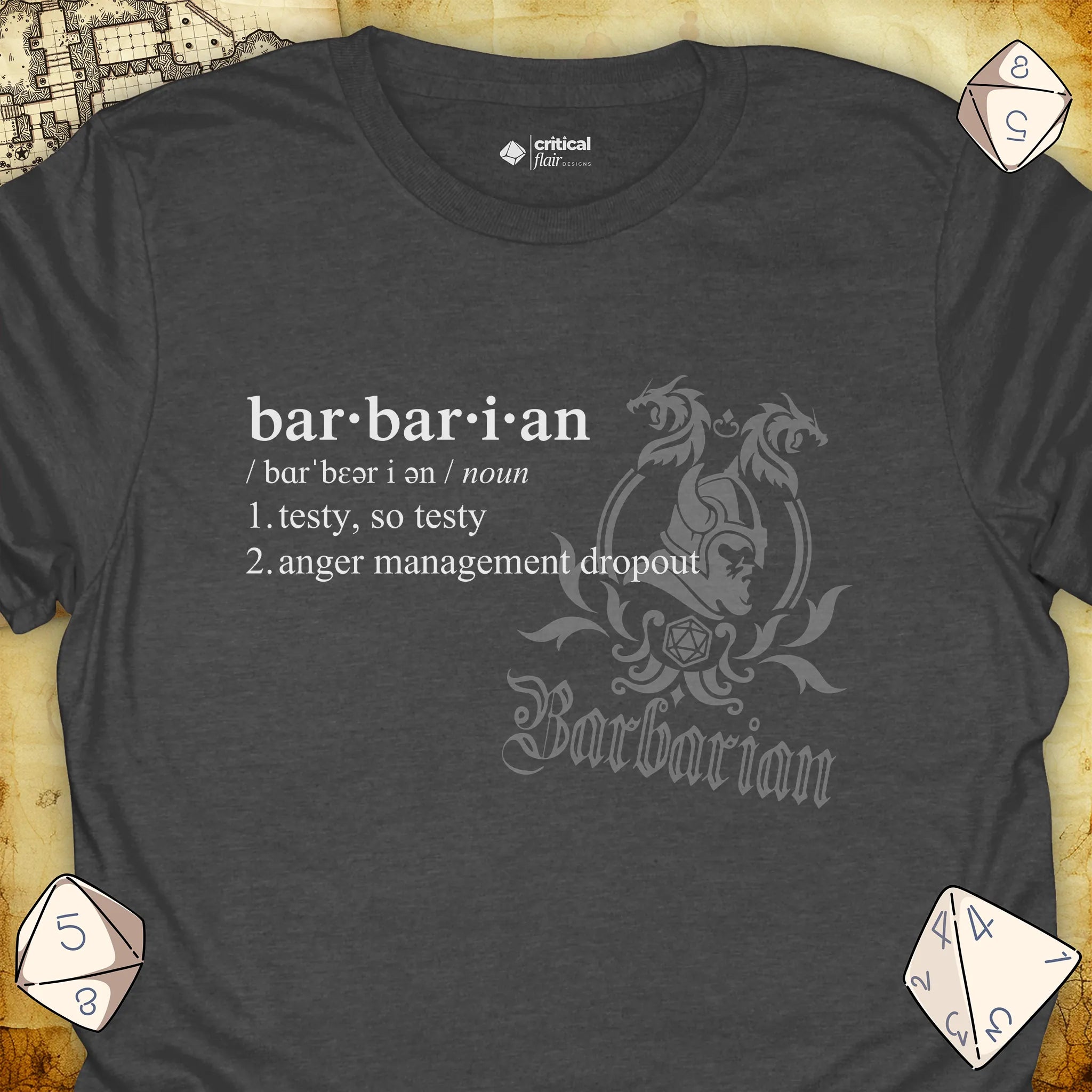 Critical Flair Barbarian Definition T-Shirt Dark Heather / S - Dungeons and Dragons and tabletop RPG gaming apparel