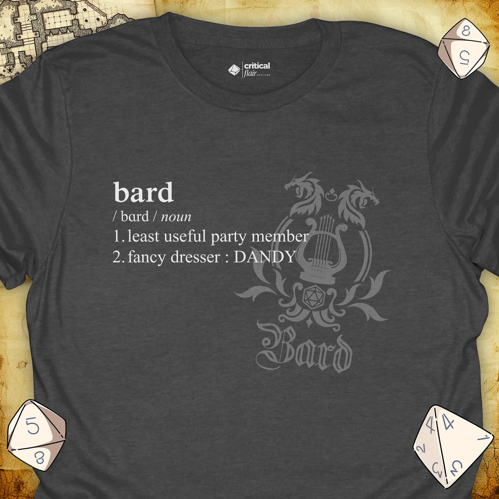 Critical Flair Bard Definition T-Shirt Dark Heather / S - Dungeons and Dragons and tabletop RPG gaming apparel