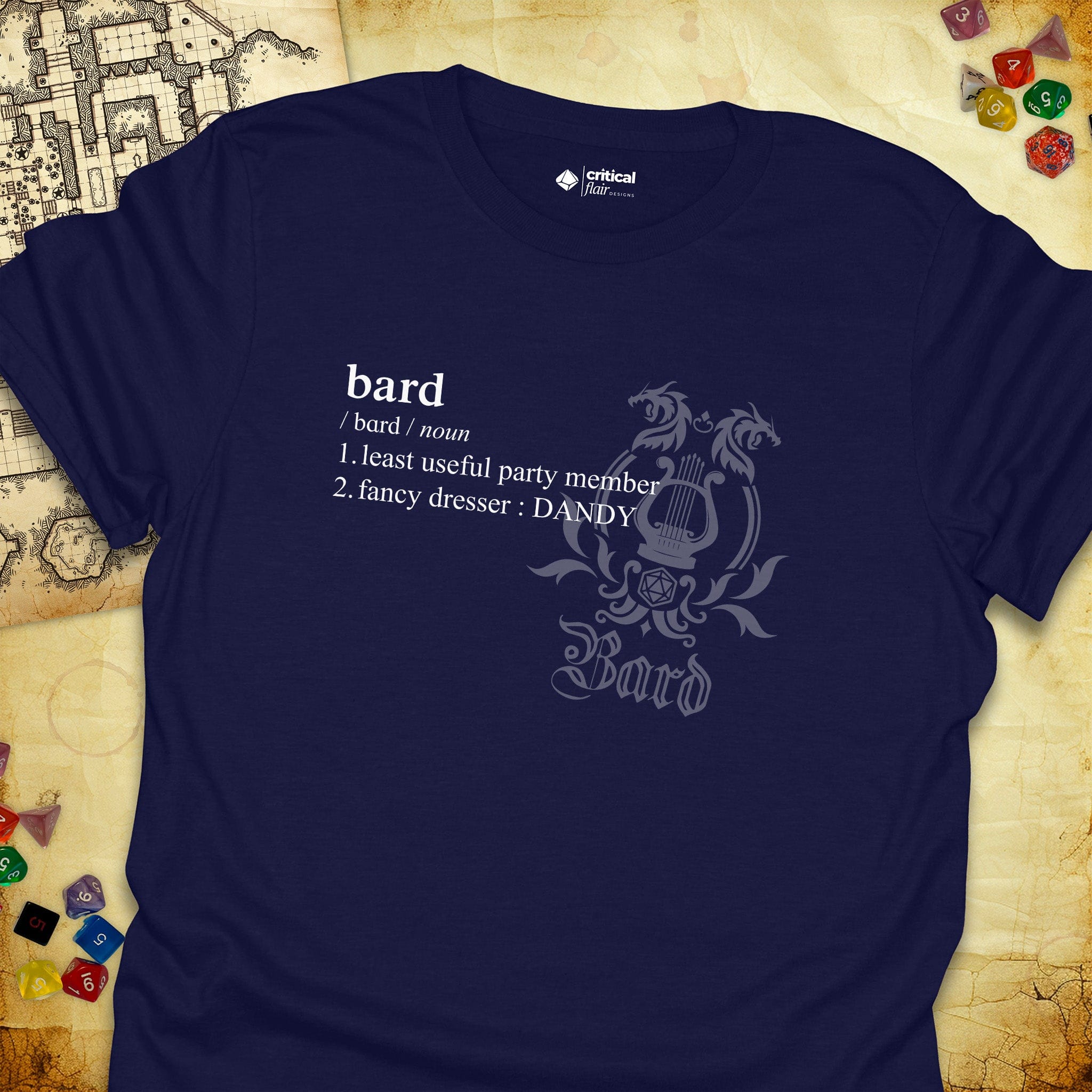 Critical Flair Bard Definition T-Shirt Navy / S - Dungeons and Dragons and tabletop RPG gaming apparel