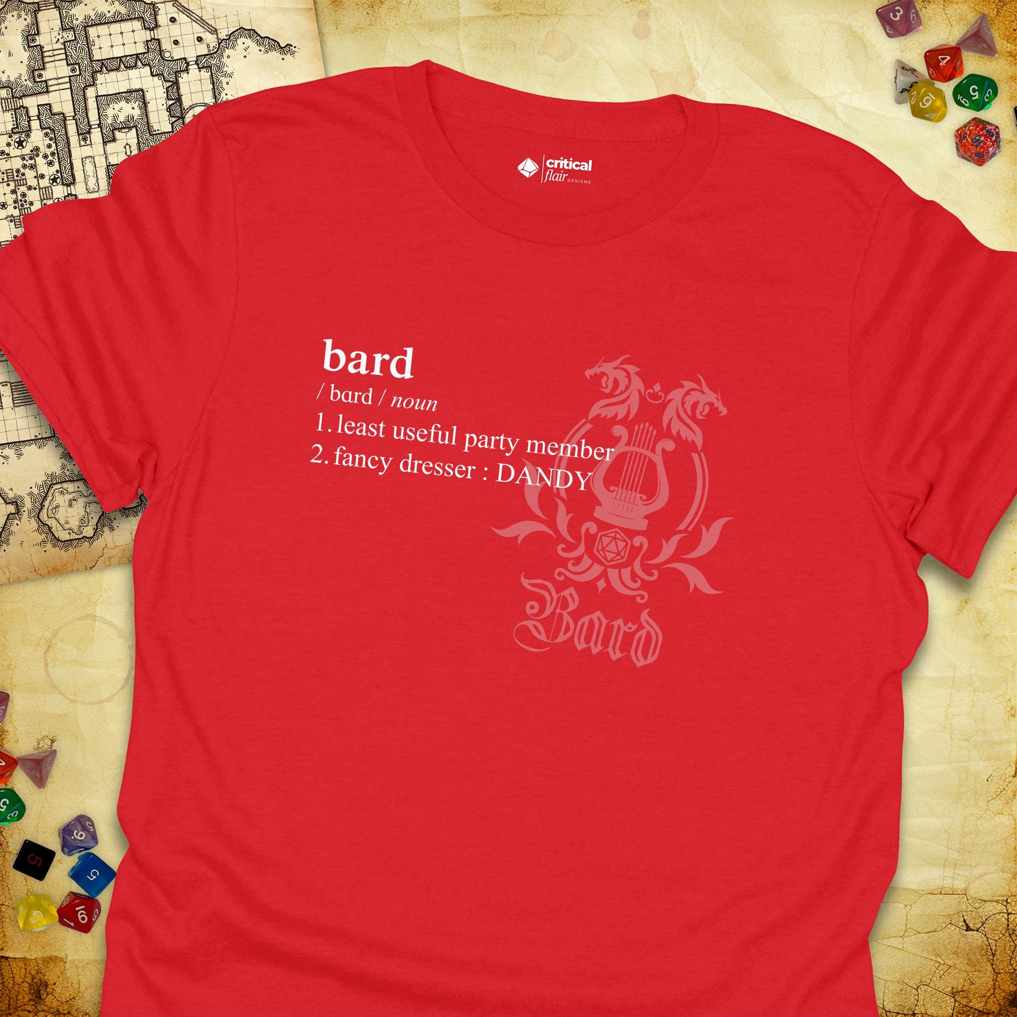 Critical Flair Bard Definition T-Shirt Red / S - Dungeons and Dragons and tabletop RPG gaming apparel
