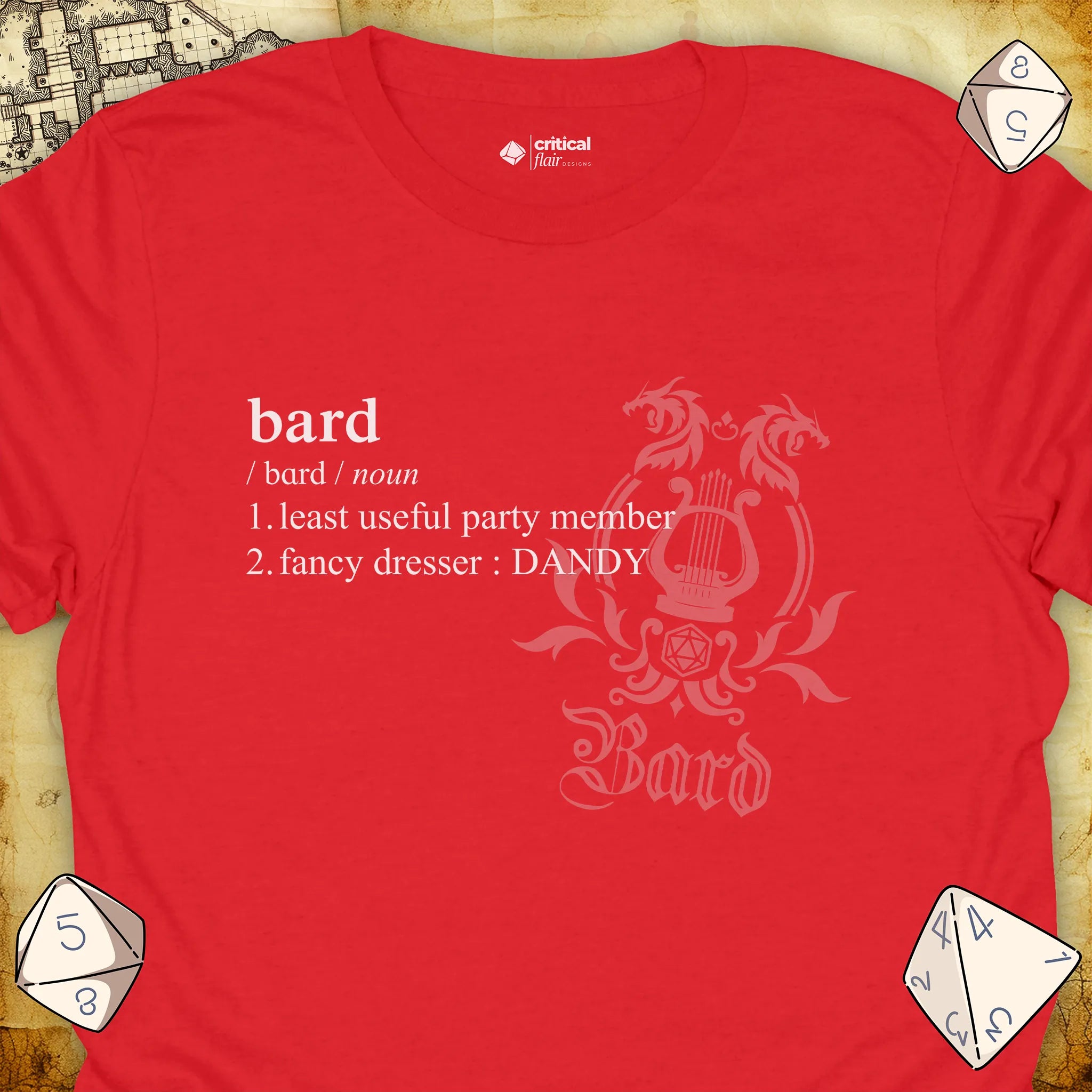 Critical Flair Bard Definition T-Shirt Red / S - Dungeons and Dragons and tabletop RPG gaming apparel