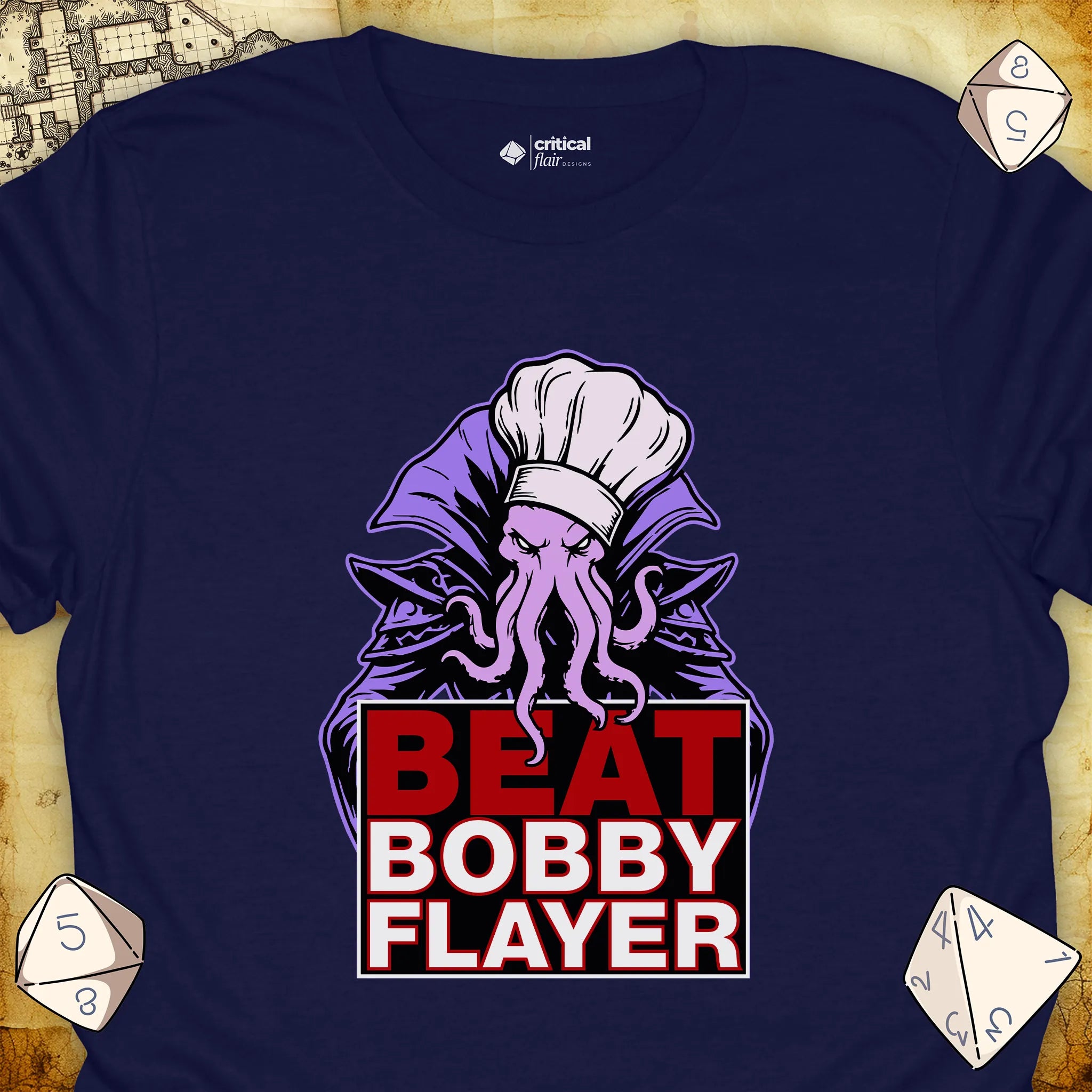 Critical Flair Beat Bobby Flayer T-Shirt Navy / S - Dungeons and Dragons and tabletop RPG gaming apparel