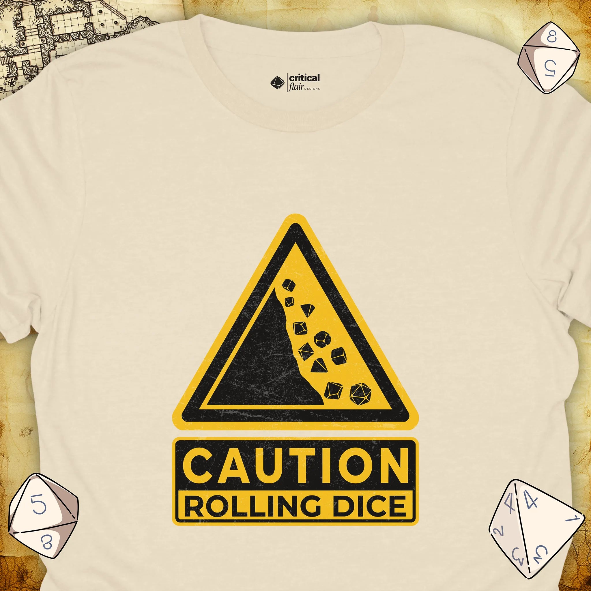 Critical Flair Caution Rolling Dice T-Shirt Natural / S - Dungeons and Dragons and tabletop RPG gaming apparel
