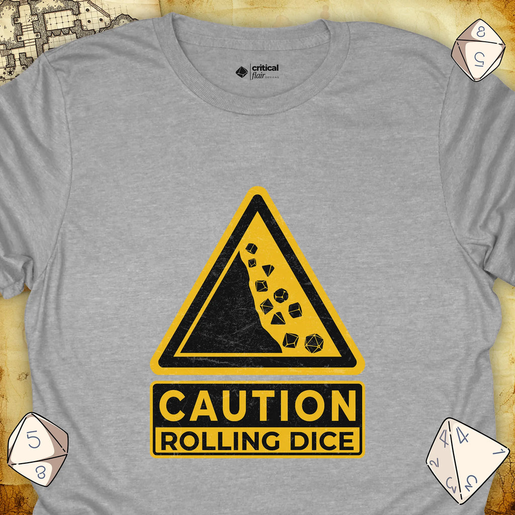 Critical Flair Caution Rolling Dice T-Shirt Sport Grey / S - Dungeons and Dragons and tabletop RPG gaming apparel