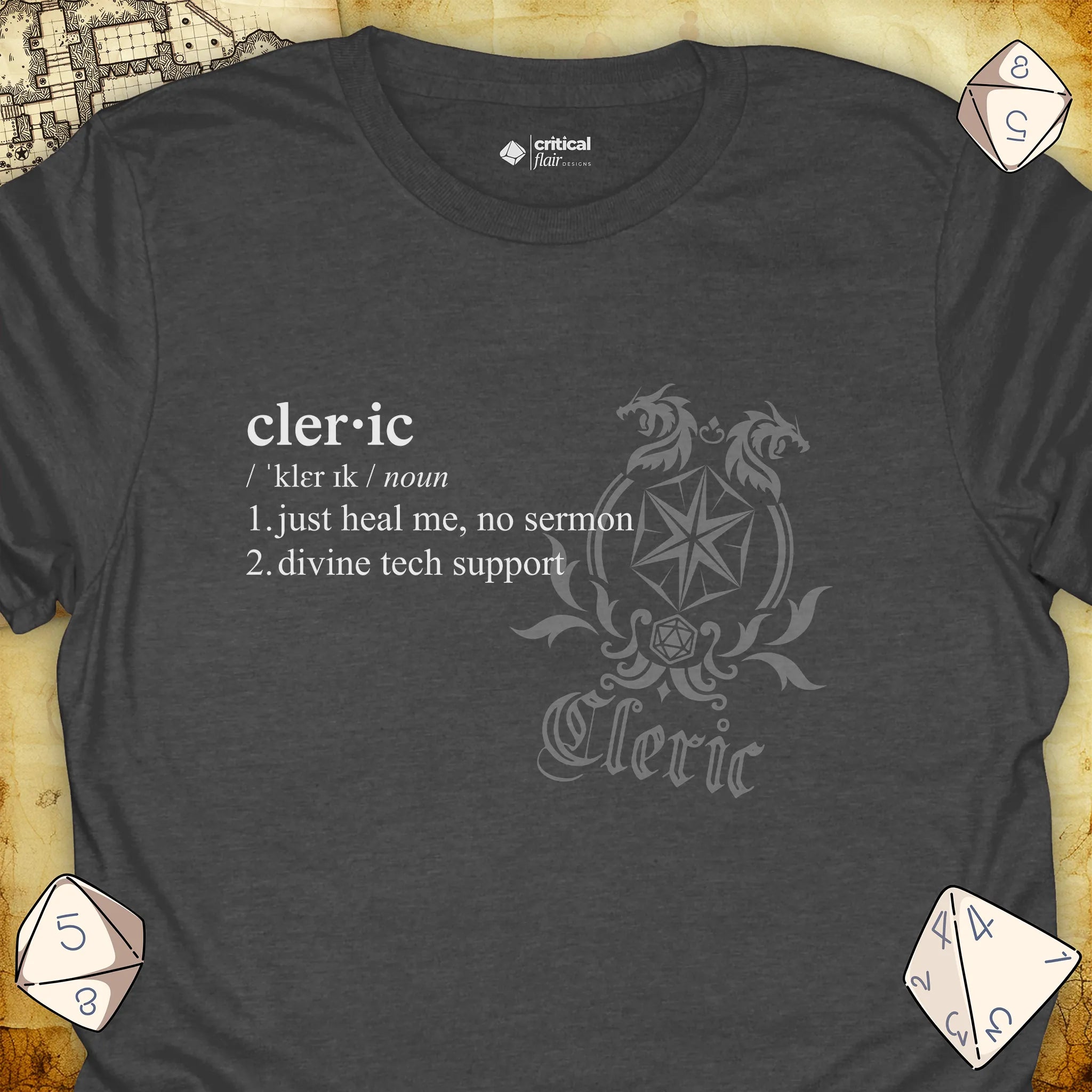 Critical Flair Cleric Definition T-Shirt Dark Heather / S - Dungeons and Dragons and tabletop RPG gaming apparel