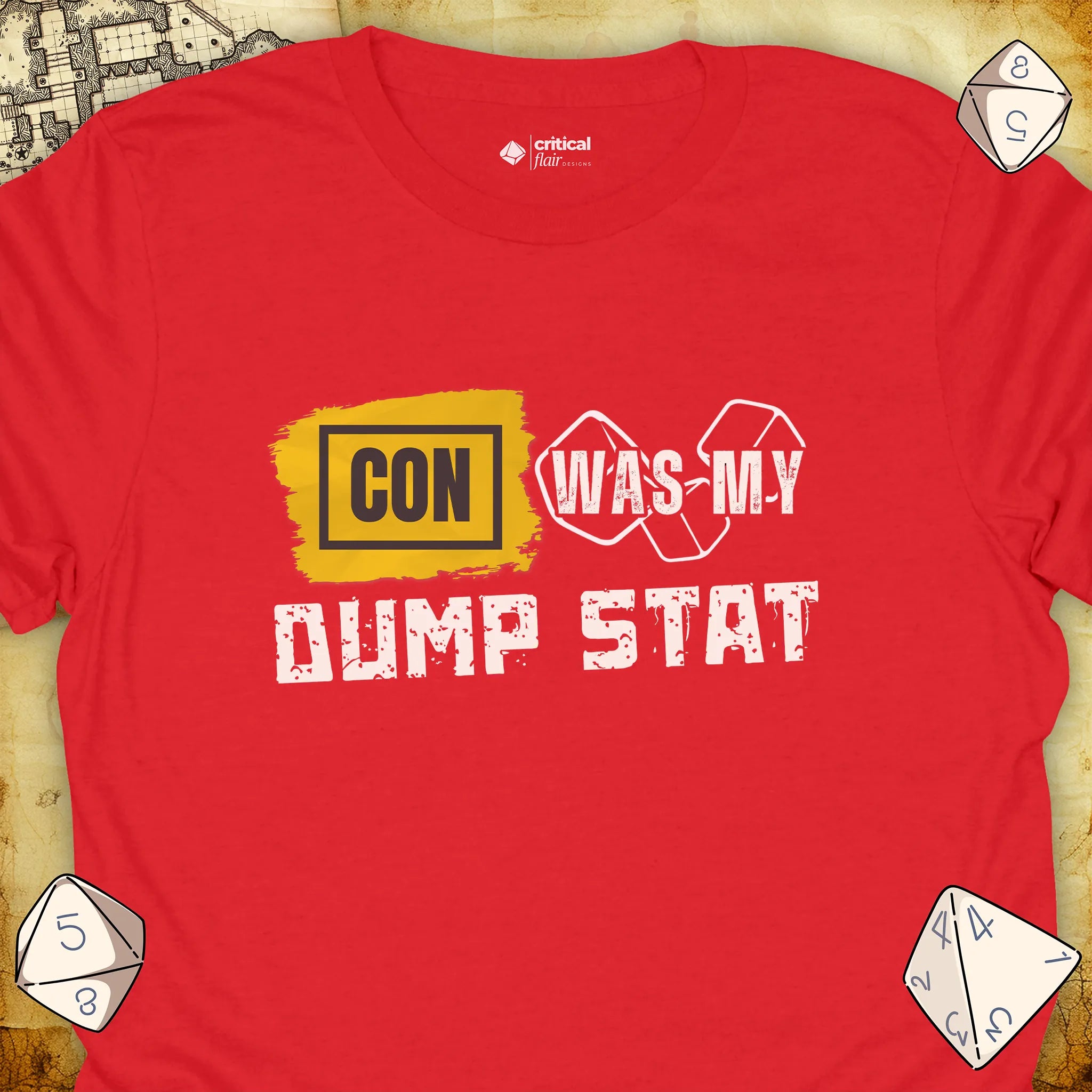 Critical Flair CON Was My Dump Stat T-Shirt Red / S - Dungeons and Dragons and tabletop RPG gaming apparel