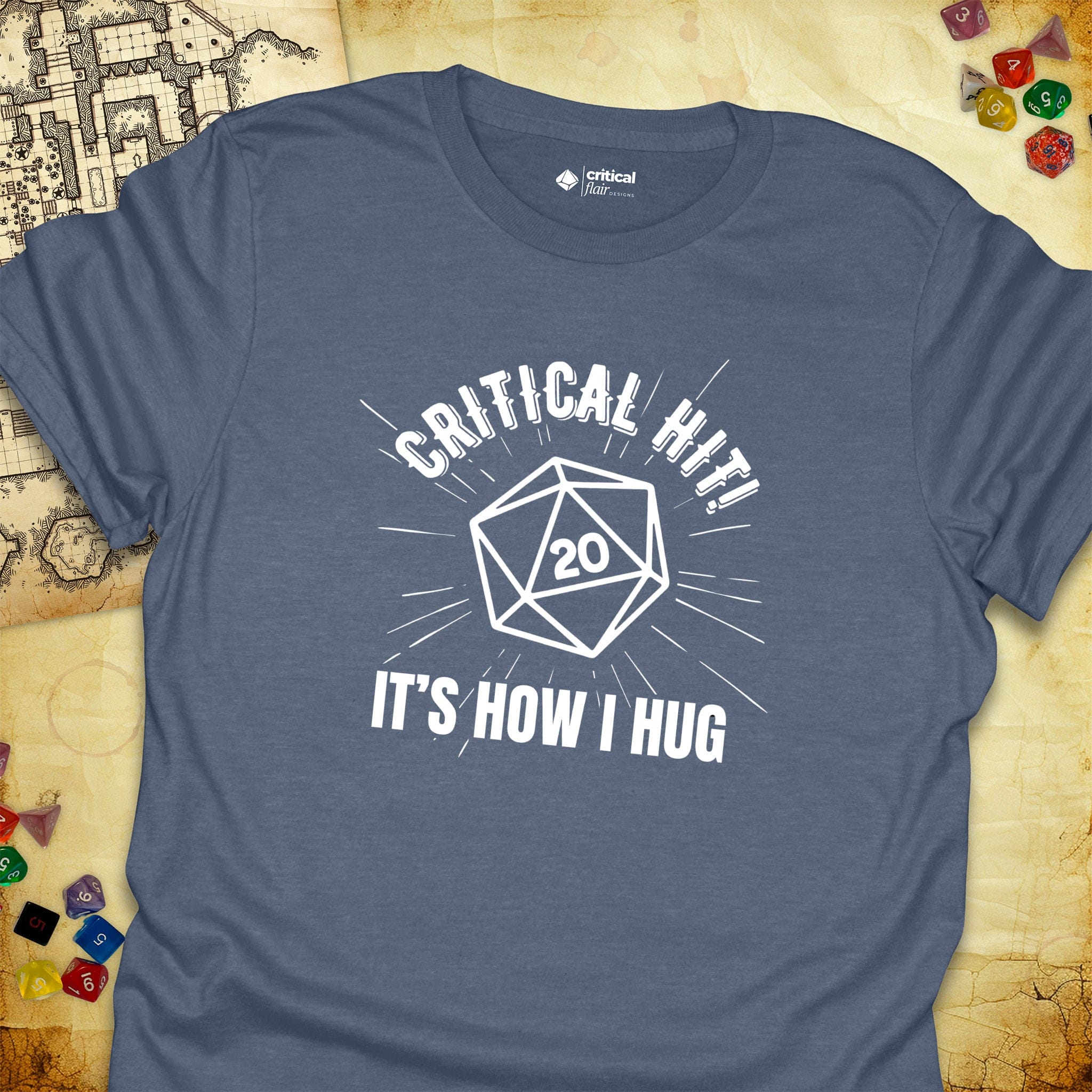 Critical Flair Critical Hit! It's How I Hug T-Shirt Heather Indigo / S - Dungeons and Dragons and tabletop RPG gaming apparel