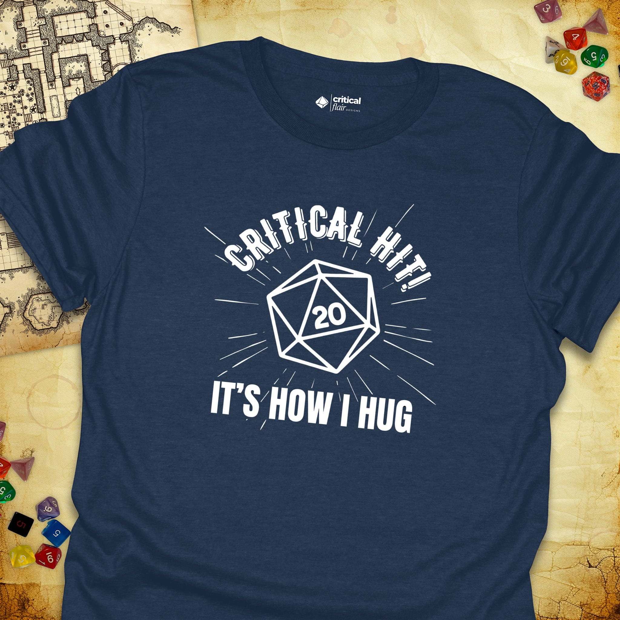 Critical Flair Critical Hit! It's How I Hug T-Shirt Heather Navy / S - Dungeons and Dragons and tabletop RPG gaming apparel