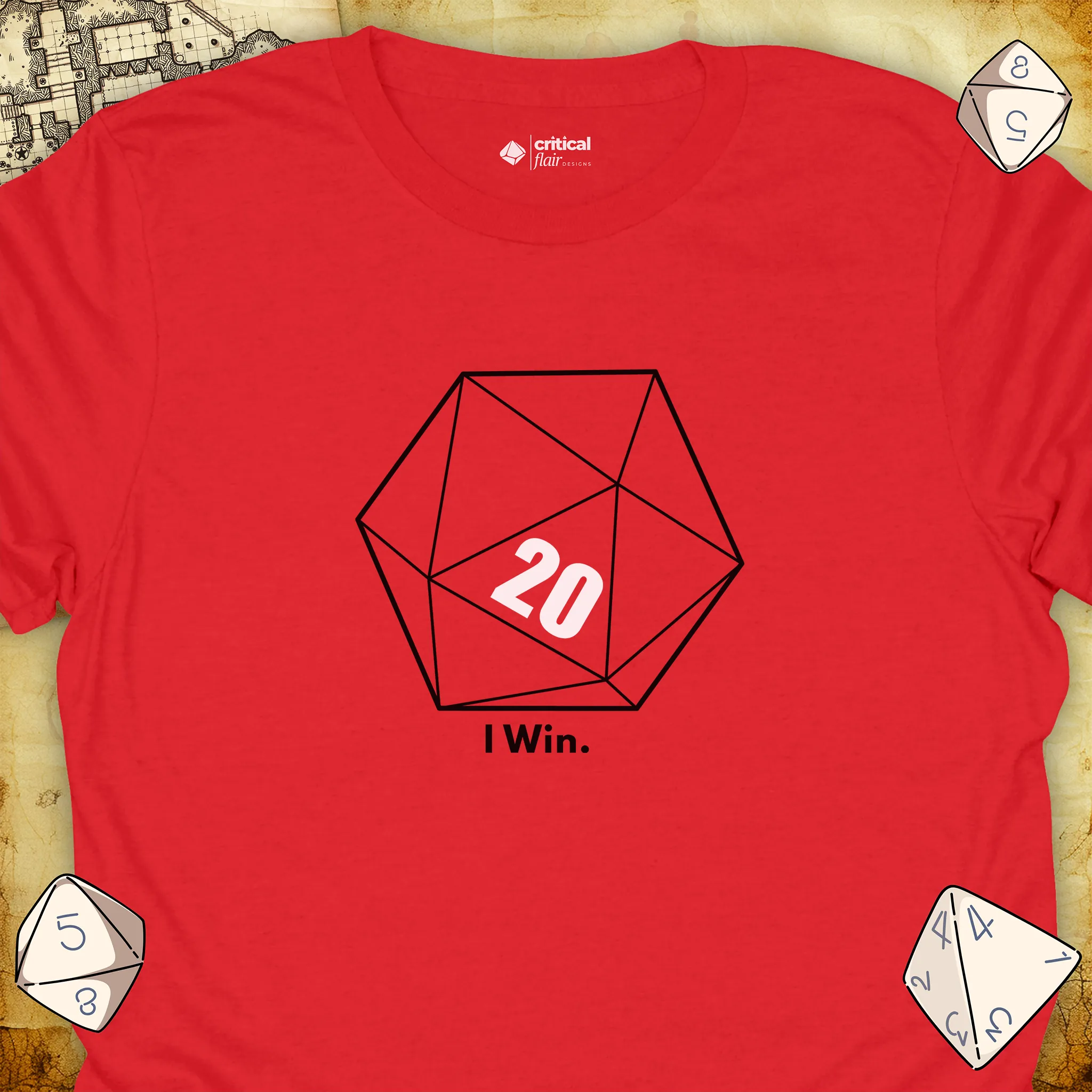 Critical Flair d20 I Win. T-Shirt - Dungeons and Dragons and tabletop RPG gaming apparel