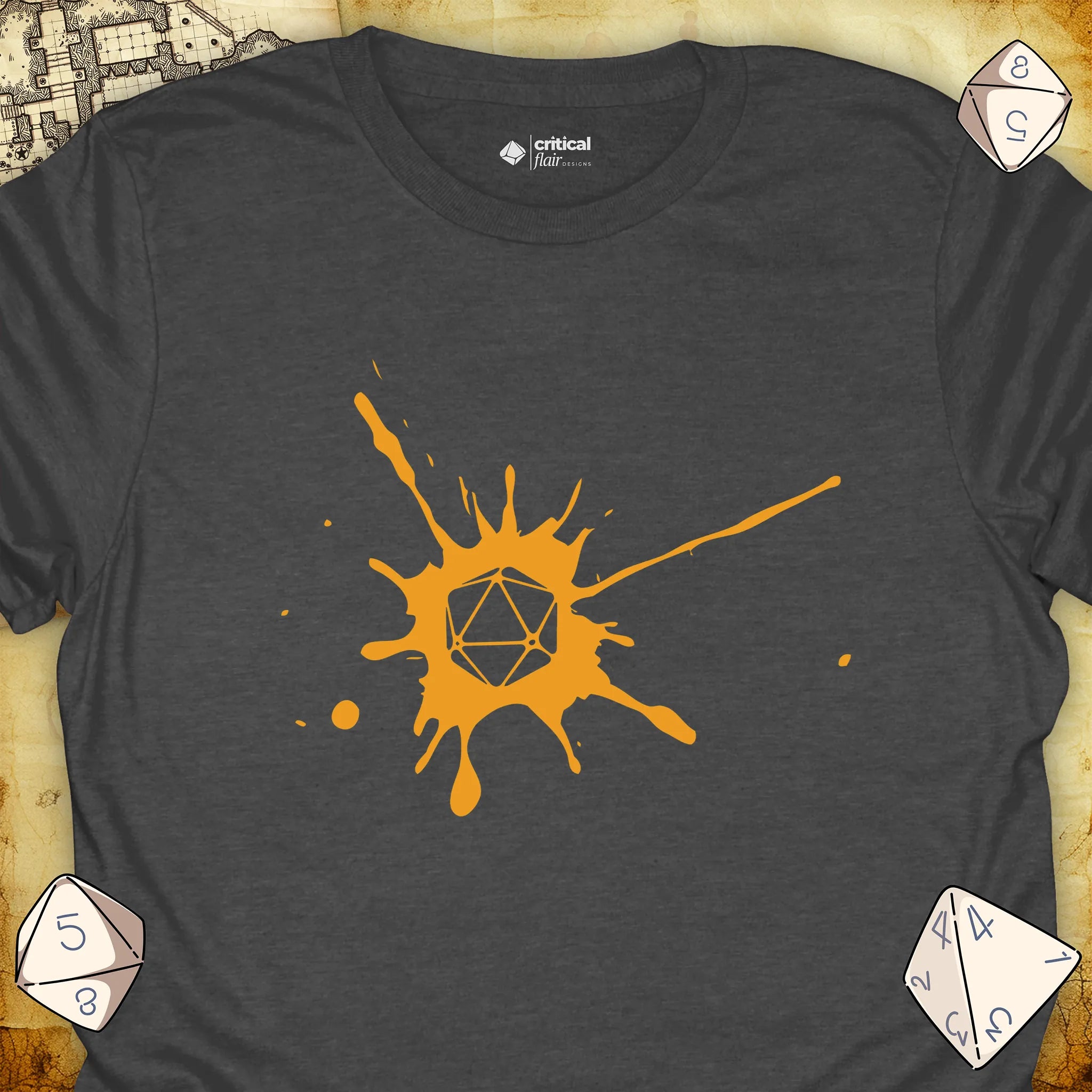 Critical Flair D20 Splotch T-Shirt Dark Heather / S - Dungeons and Dragons and tabletop RPG gaming apparel