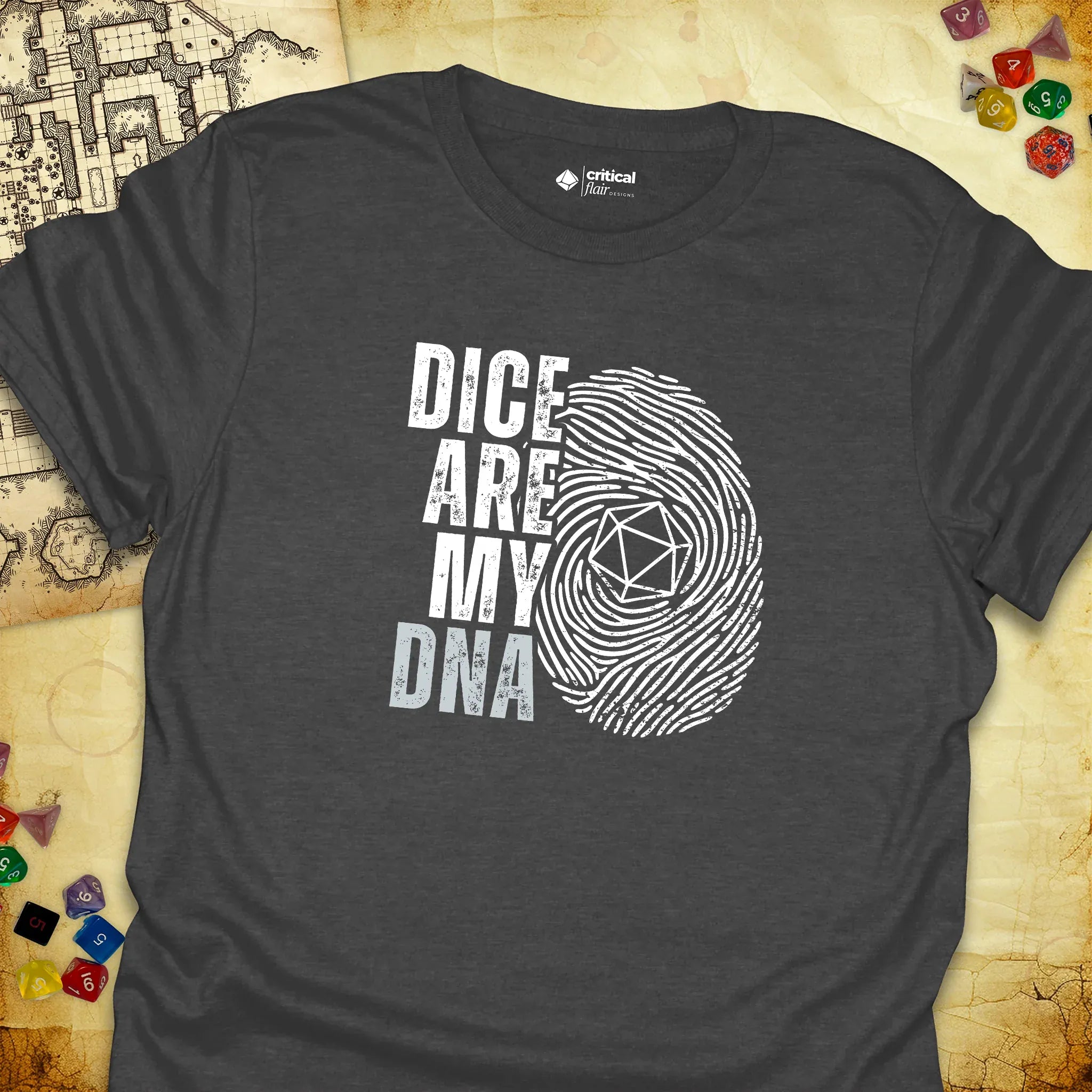 Critical Flair Dice Are My DNA T-Shirt Dark Heather / S - Dungeons and Dragons and tabletop RPG gaming apparel