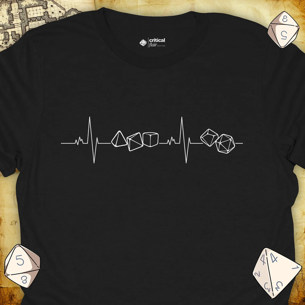 Critical Flair Dice Heartbeat T-Shirt Black / S - Dungeons and Dragons and tabletop RPG gaming apparel