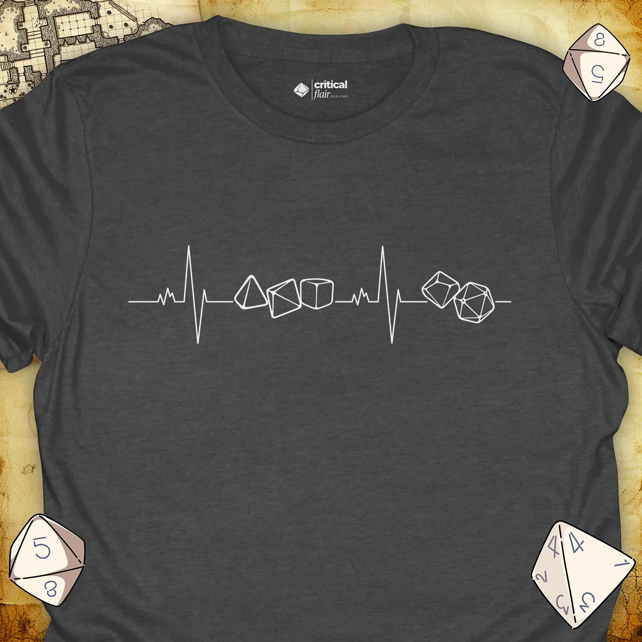 Critical Flair Dice Heartbeat T-Shirt Dark Heather / S - Dungeons and Dragons and tabletop RPG gaming apparel