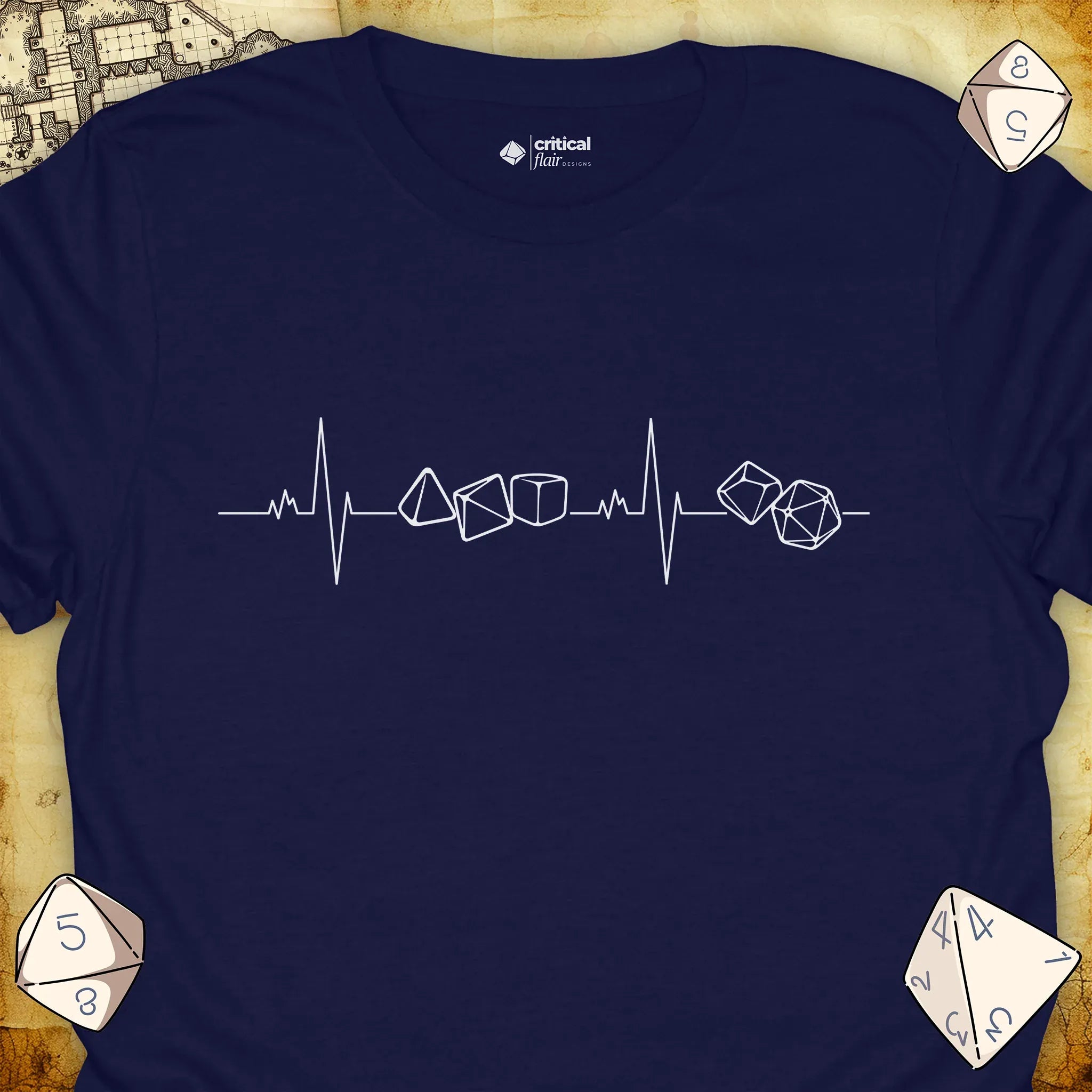 Critical Flair Dice Heartbeat T-Shirt Navy / S - Dungeons and Dragons and tabletop RPG gaming apparel