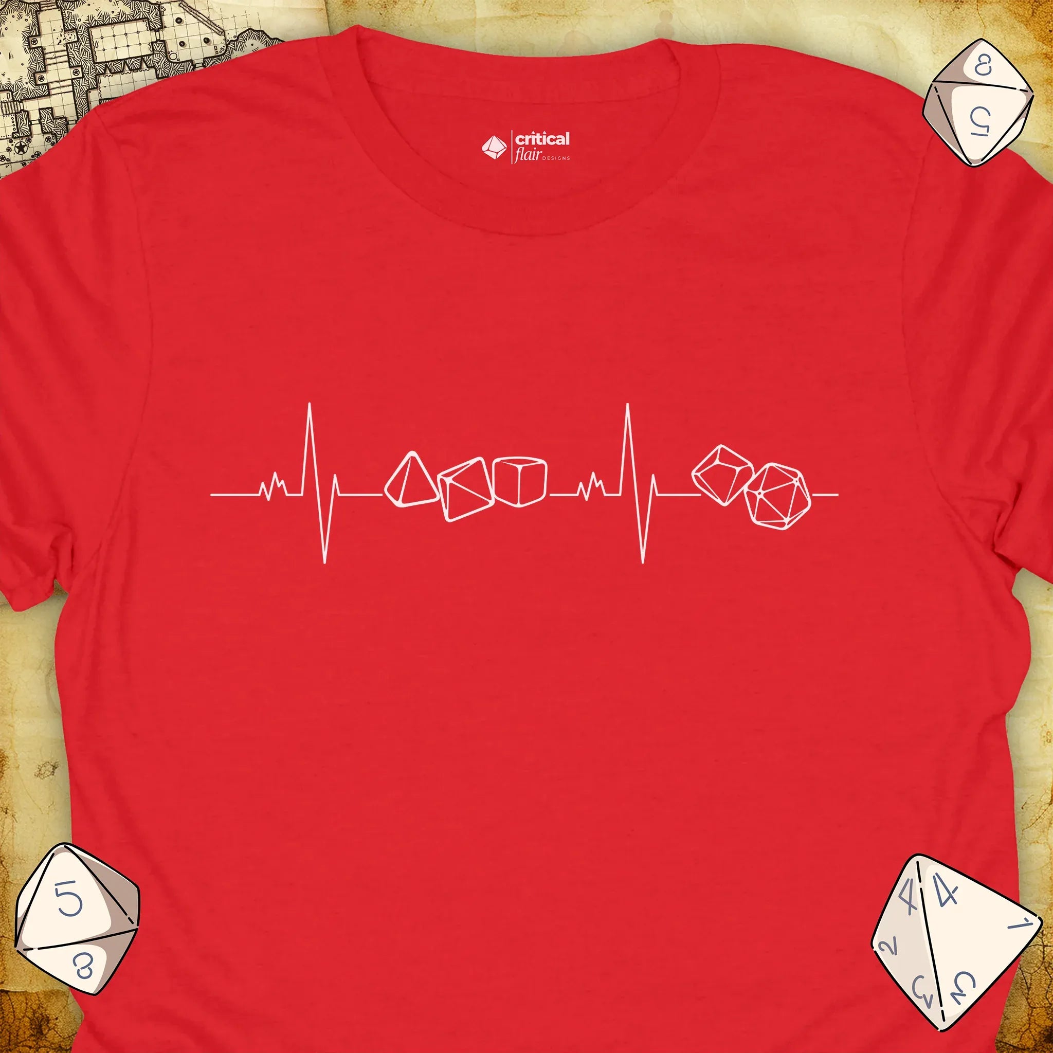 Critical Flair Dice Heartbeat T-Shirt Red / S - Dungeons and Dragons and tabletop RPG gaming apparel