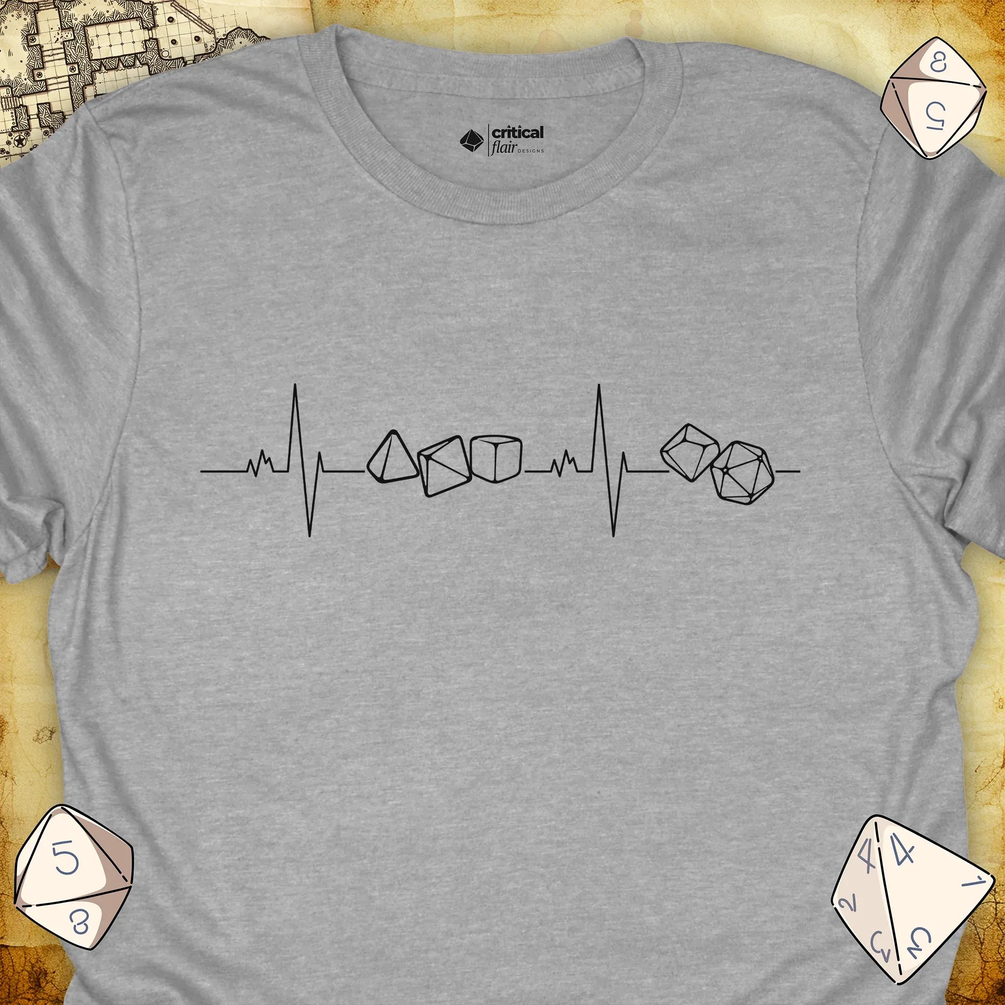 Critical Flair Dice Heartbeat T-Shirt Sport Grey / S - Dungeons and Dragons and tabletop RPG gaming apparel