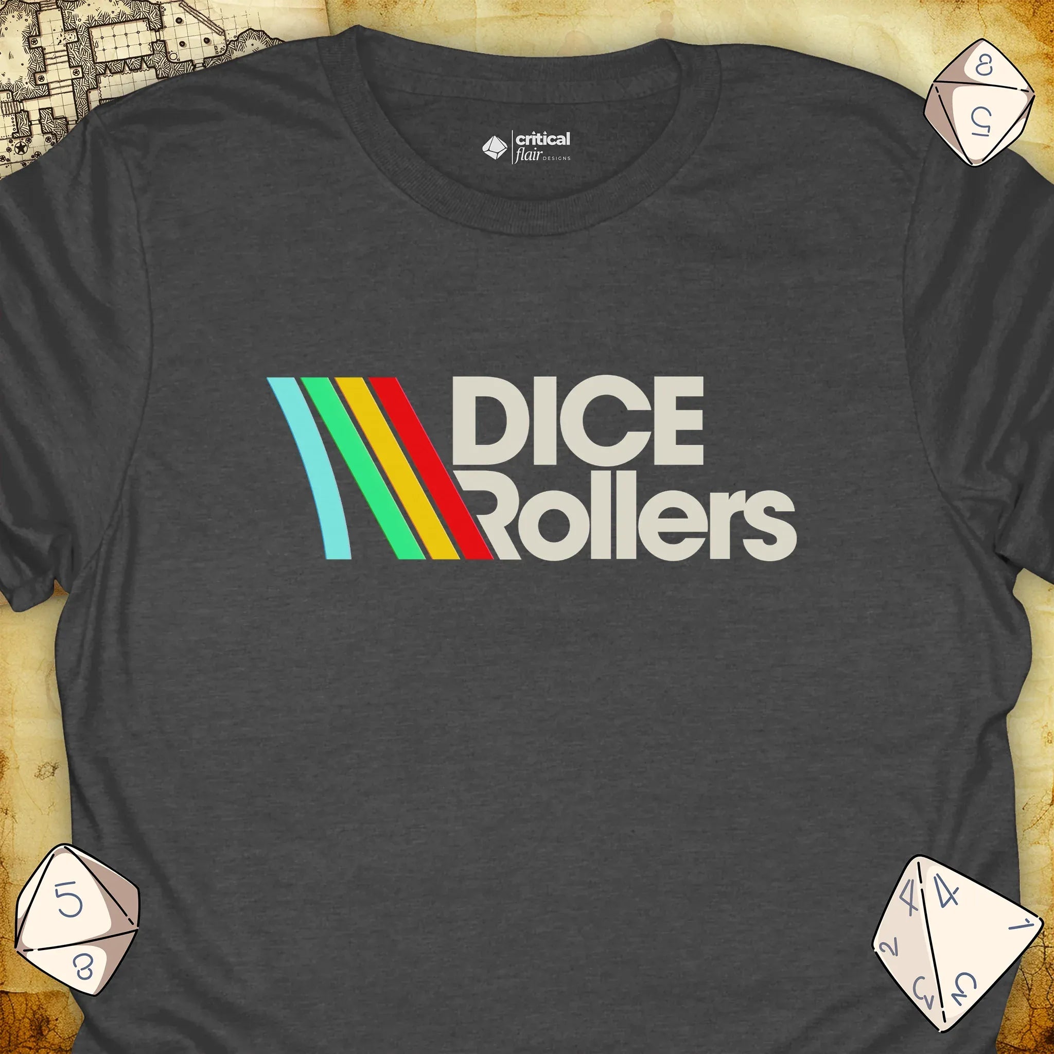 Critical Flair DICE Rollers T-Shirt Dark Heather / S - Dungeons and Dragons and tabletop RPG gaming apparel