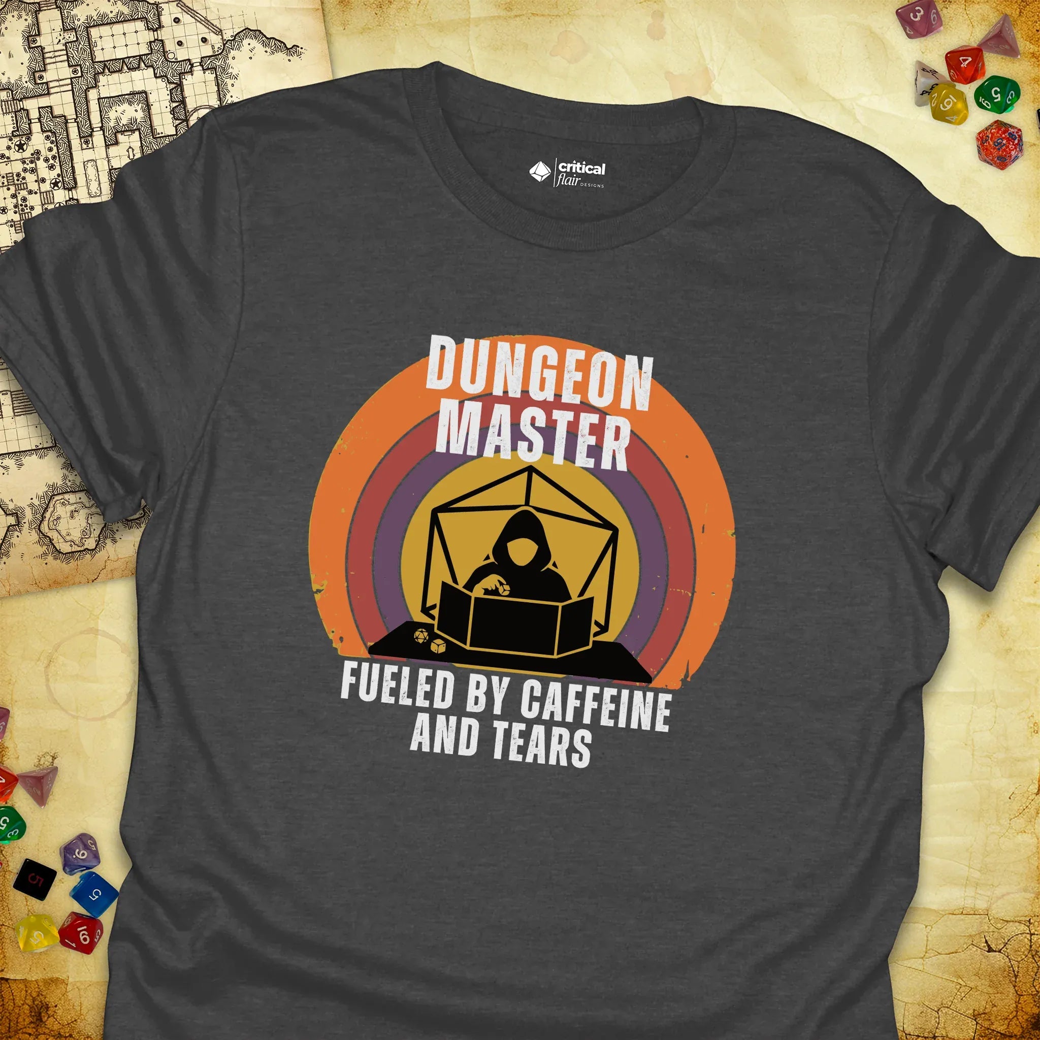 Critical Flair DM Fueled By... T-Shirt Dark Heather / S - Dungeons and Dragons and tabletop RPG gaming apparel
