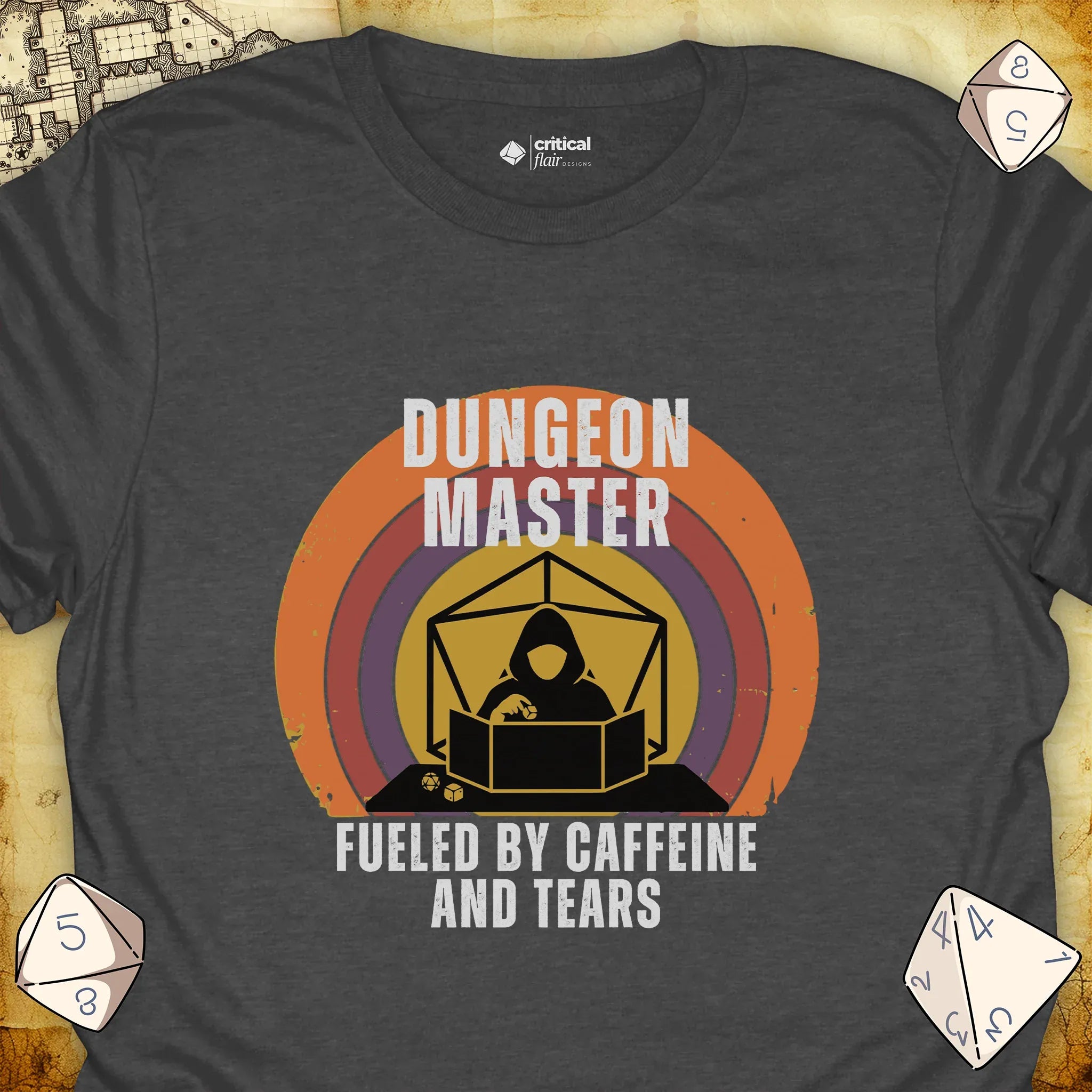 Critical Flair DM Fueled By... T-Shirt Dark Heather / S - Dungeons and Dragons and tabletop RPG gaming apparel