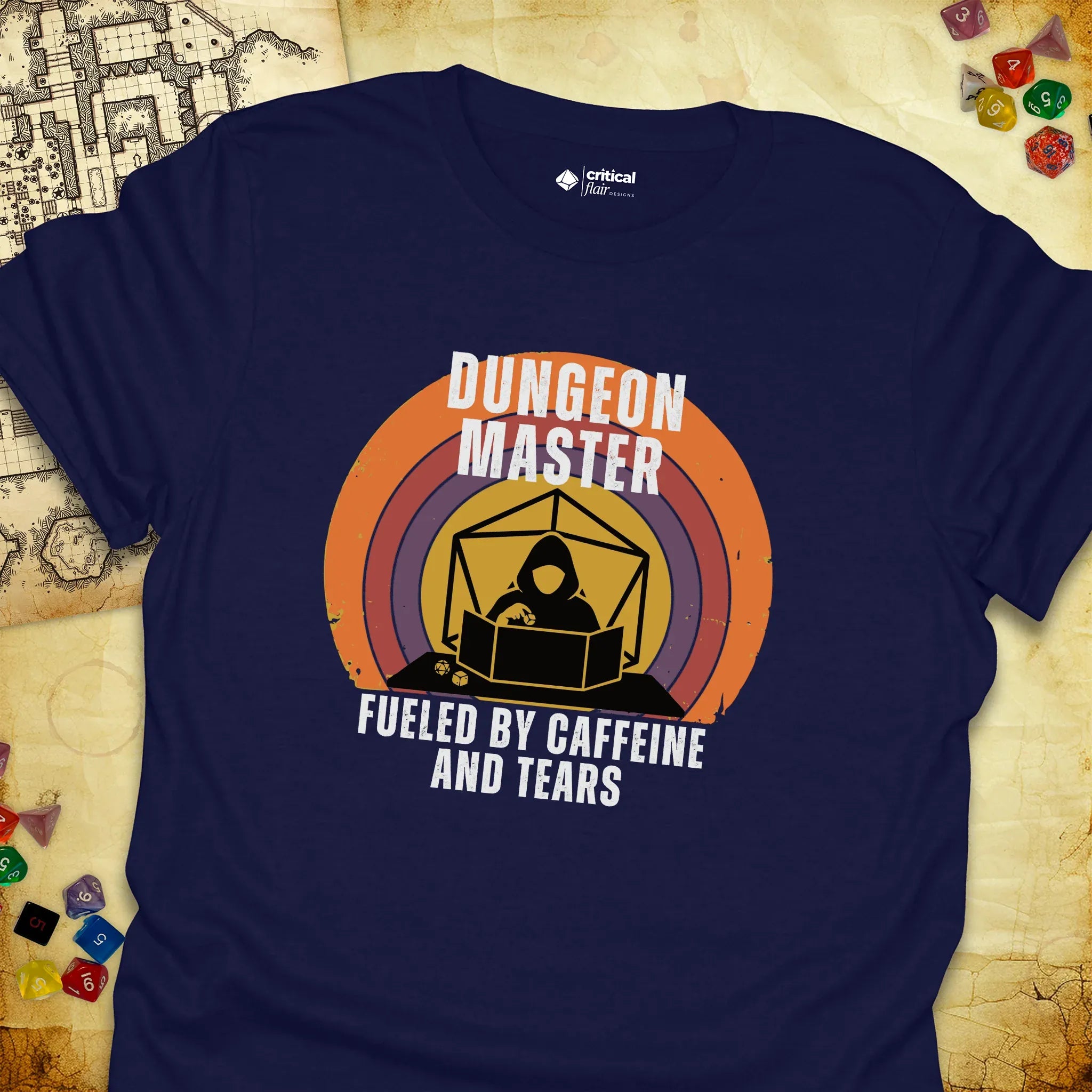 Critical Flair DM Fueled By... T-Shirt Navy / S - Dungeons and Dragons and tabletop RPG gaming apparel