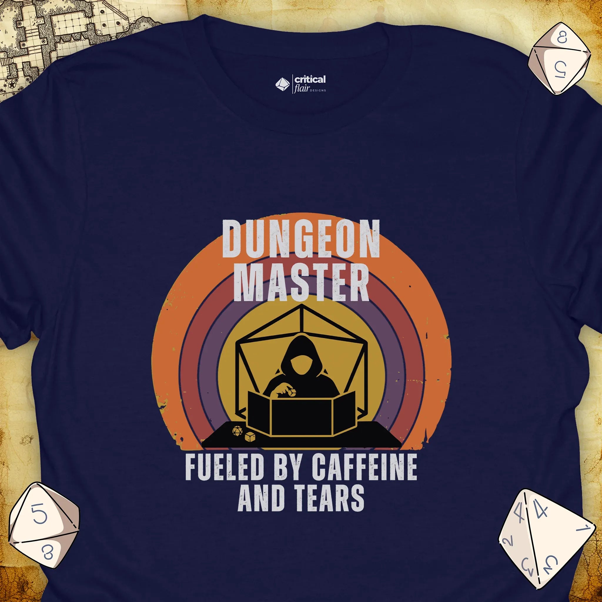 Critical Flair DM Fueled By... T-Shirt Navy / S - Dungeons and Dragons and tabletop RPG gaming apparel