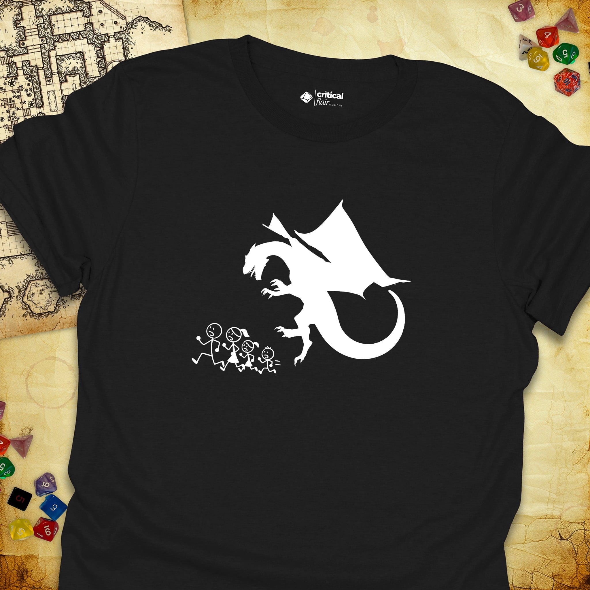 Critical Flair Dragon Eats Stick Family T-Shirt Black / S - Dungeons and Dragons and tabletop RPG gaming apparel