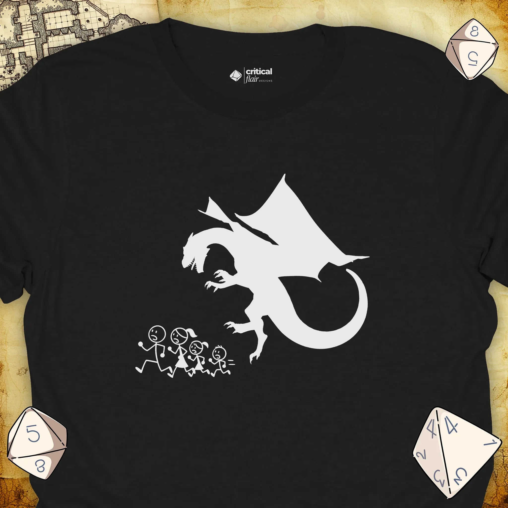 Critical Flair Dragon Eats Stick Family T-Shirt Black / S - Dungeons and Dragons and tabletop RPG gaming apparel