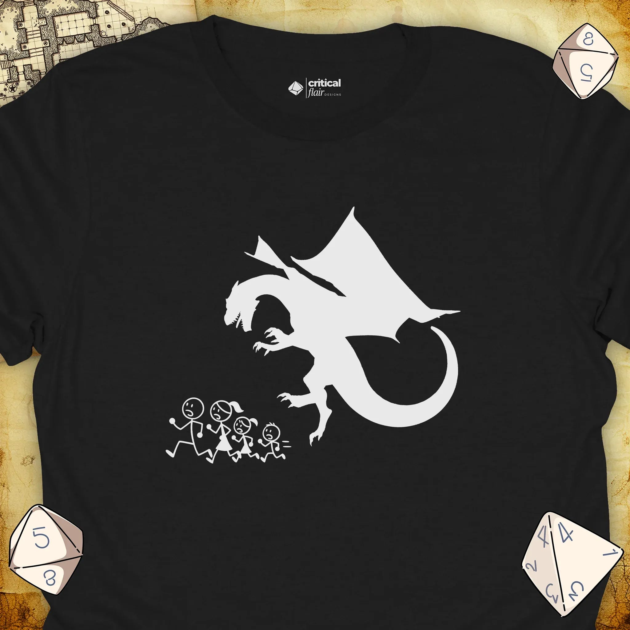 Critical Flair Dragon Eats Stick Family T-Shirt Black / S - Dungeons and Dragons and tabletop RPG gaming apparel