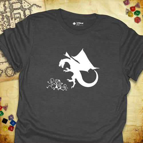 Critical Flair Dragon Eats Stick Family T-Shirt Dark Heather / S - Dungeons and Dragons and tabletop RPG gaming apparel