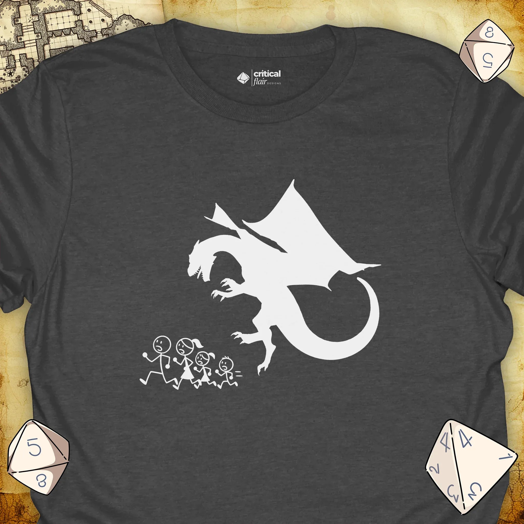 Critical Flair Dragon Eats Stick Family T-Shirt Dark Heather / S - Dungeons and Dragons and tabletop RPG gaming apparel