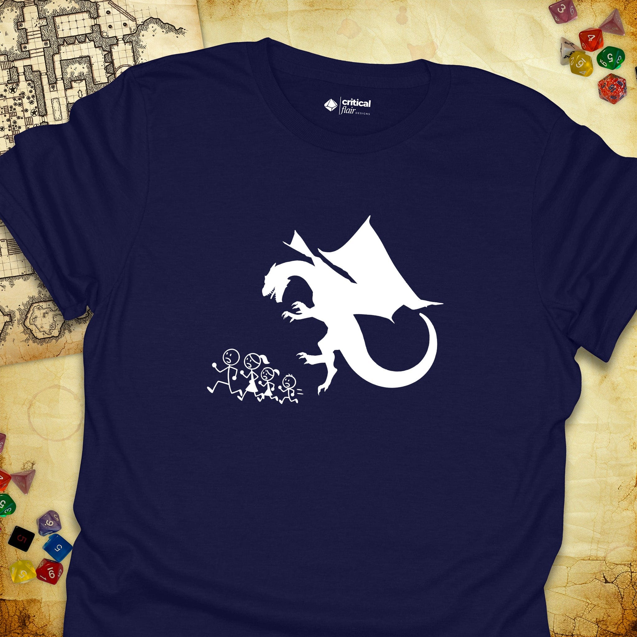 Critical Flair Dragon Eats Stick Family T-Shirt Navy / S - Dungeons and Dragons and tabletop RPG gaming apparel