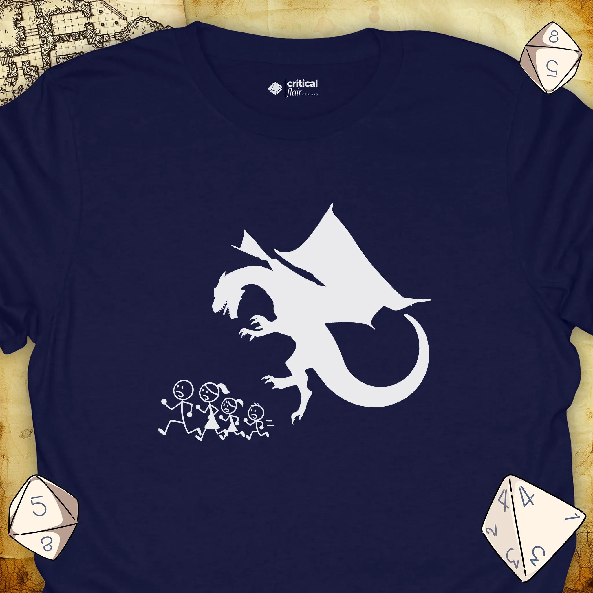 Critical Flair Dragon Eats Stick Family T-Shirt Navy / S - Dungeons and Dragons and tabletop RPG gaming apparel