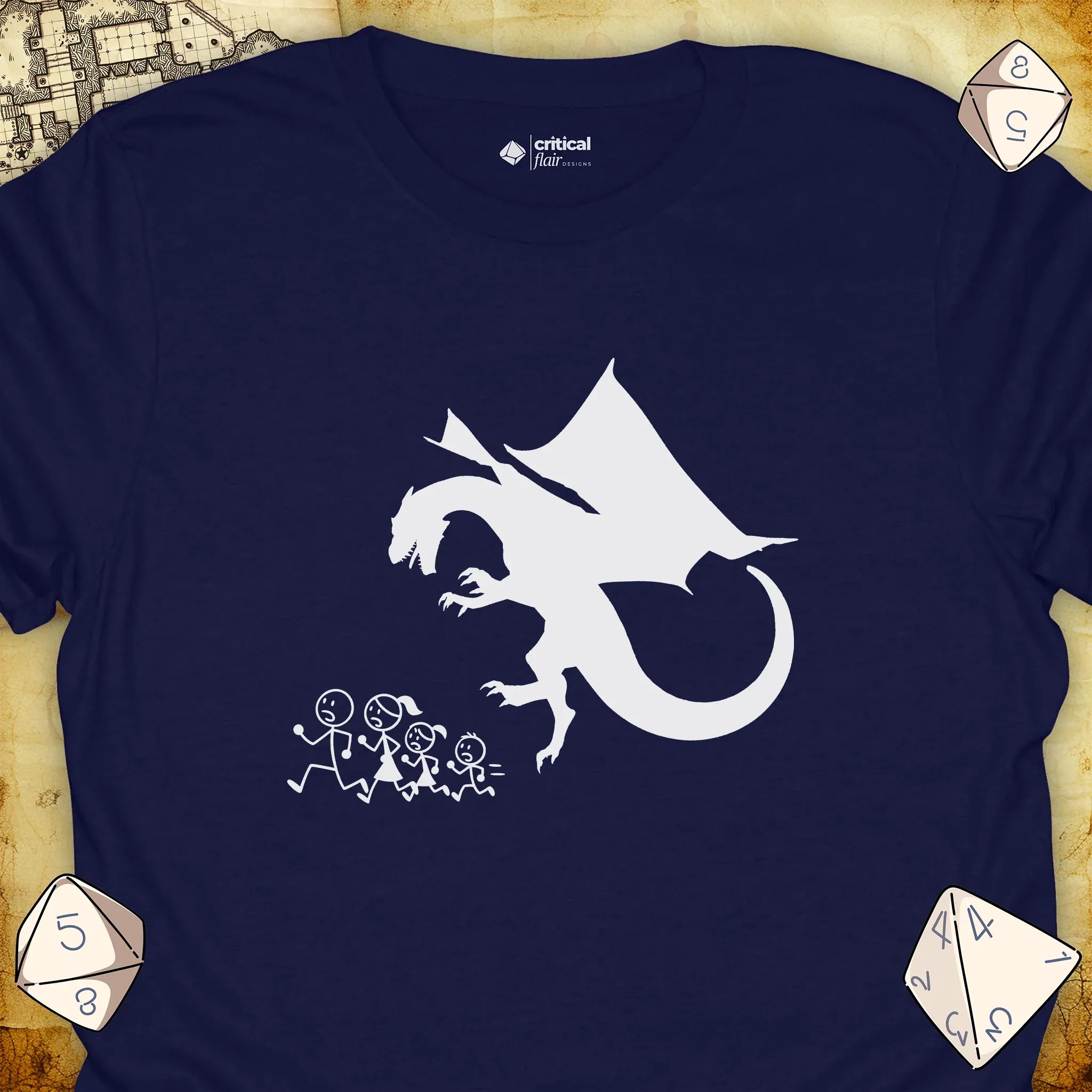 Critical Flair Dragon Eats Stick Family T-Shirt Navy / S - Dungeons and Dragons and tabletop RPG gaming apparel