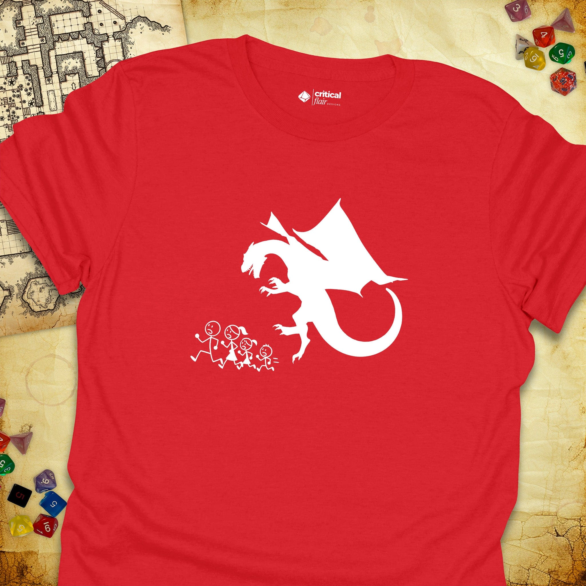 Critical Flair Dragon Eats Stick Family T-Shirt Red / S - Dungeons and Dragons and tabletop RPG gaming apparel