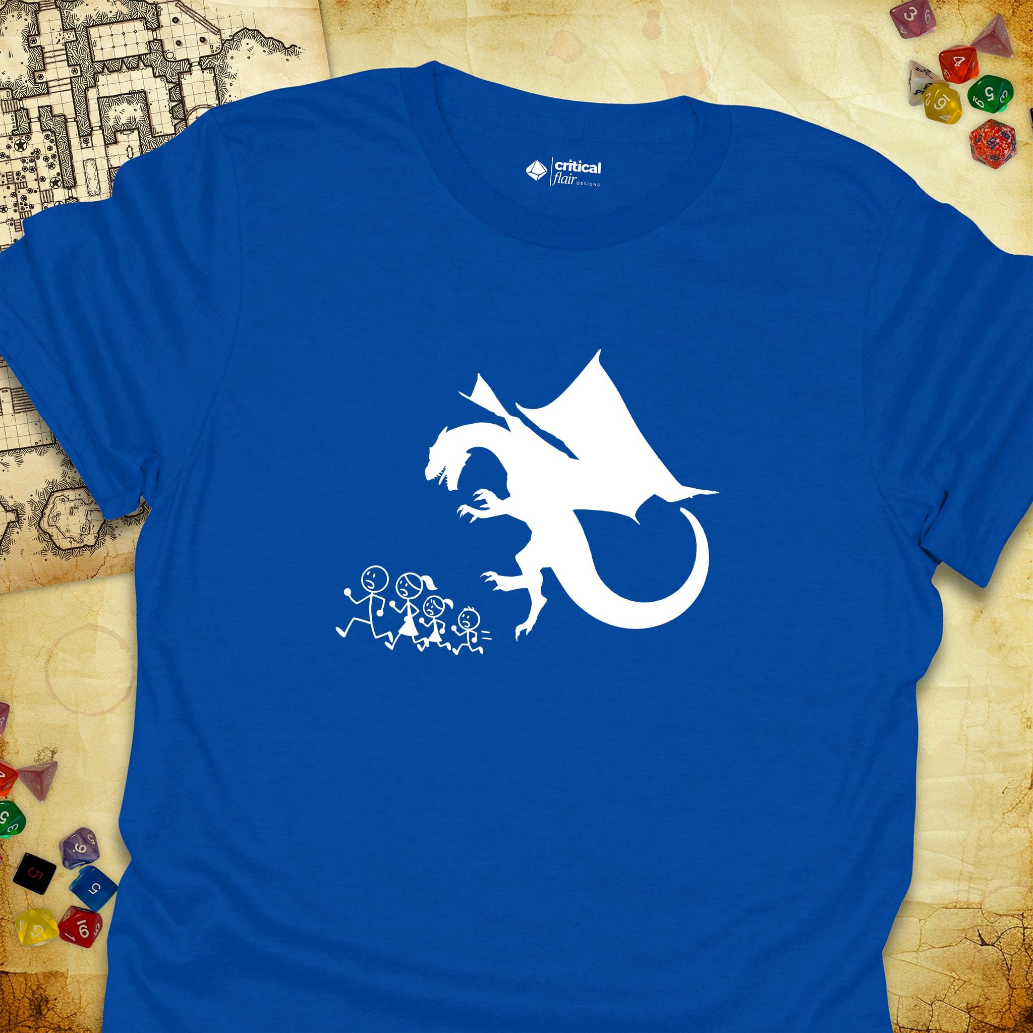 Critical Flair Dragon Eats Stick Family T-Shirt Royal / S - Dungeons and Dragons and tabletop RPG gaming apparel