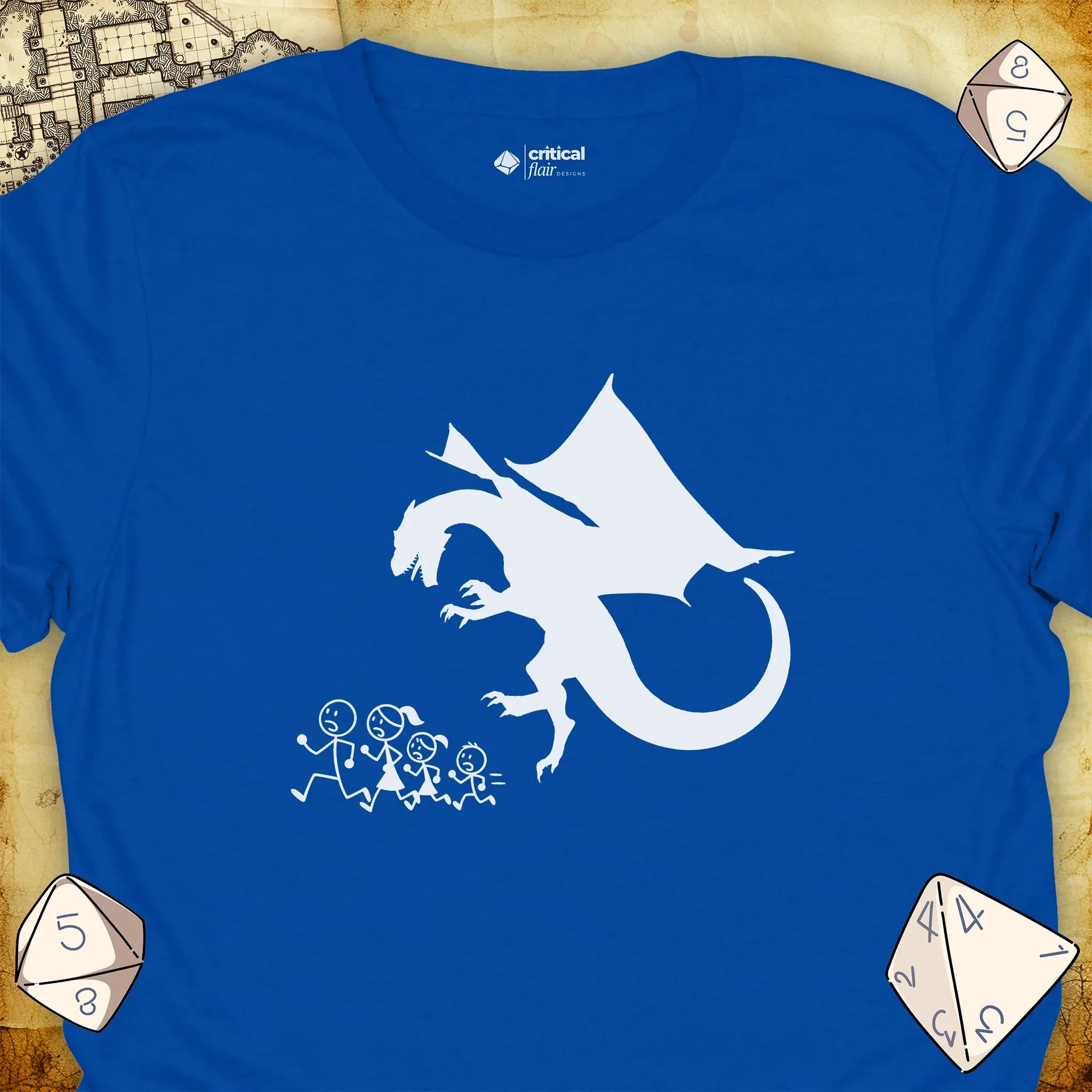 Critical Flair Dragon Eats Stick Family T-Shirt Royal / S - Dungeons and Dragons and tabletop RPG gaming apparel