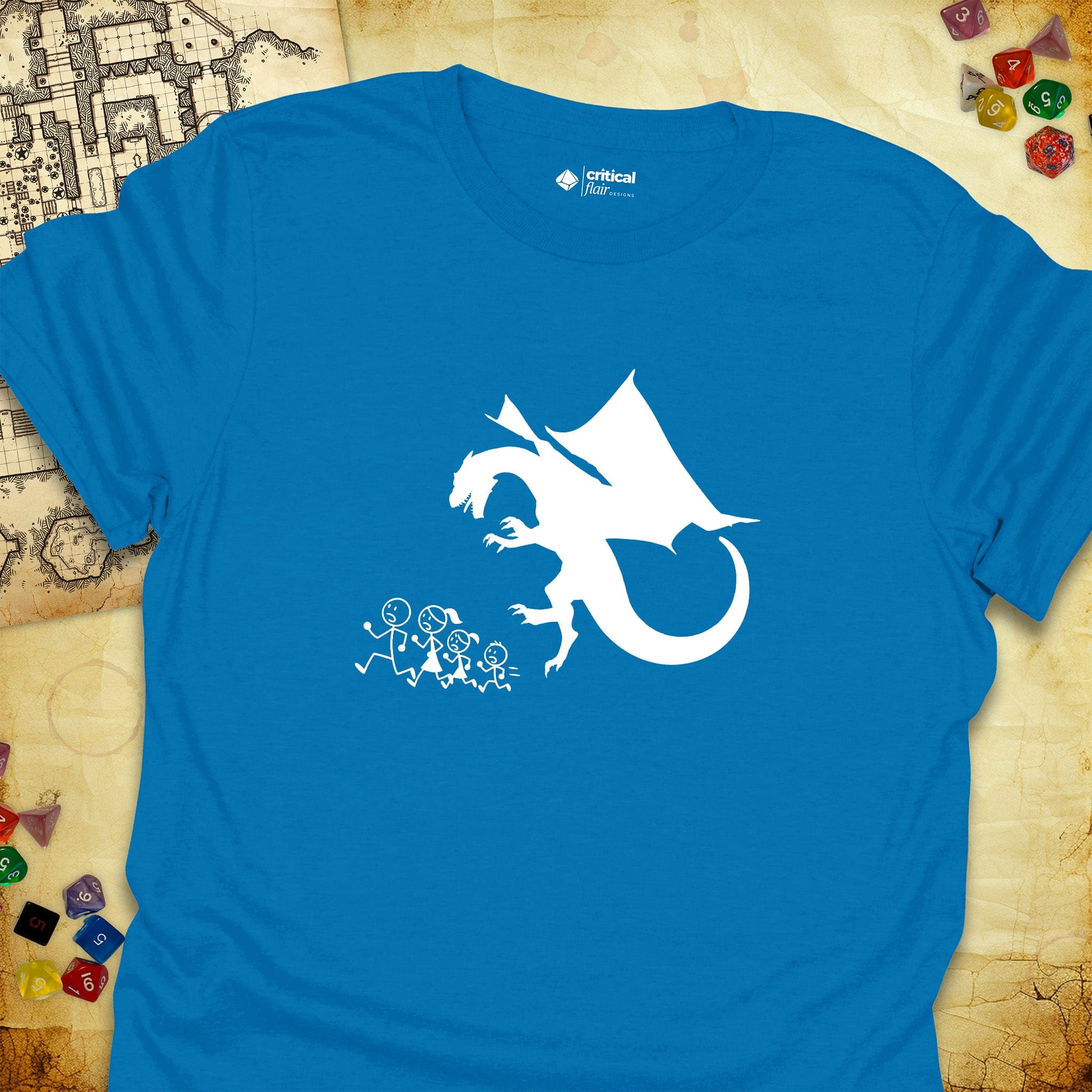 Critical Flair Dragon Eats Stick Family T-Shirt Sapphire / S - Dungeons and Dragons and tabletop RPG gaming apparel